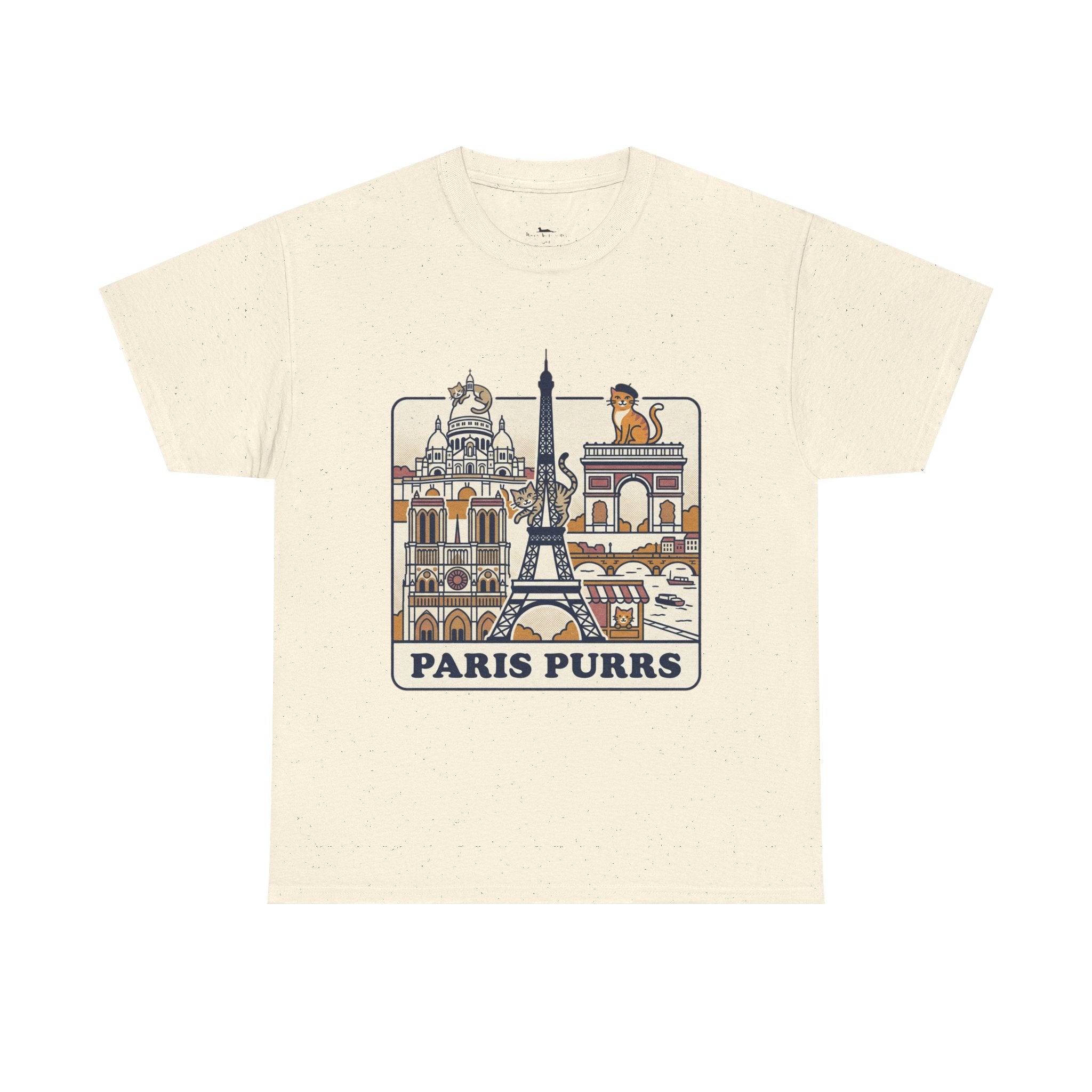 Beige t-shirt with Paris-themed graphic and 'PARIS PURRS' text on a white background