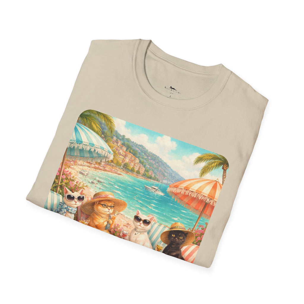 French Riviera Cats Beach Scene T-Shirt | Coastal Vibes Illustration