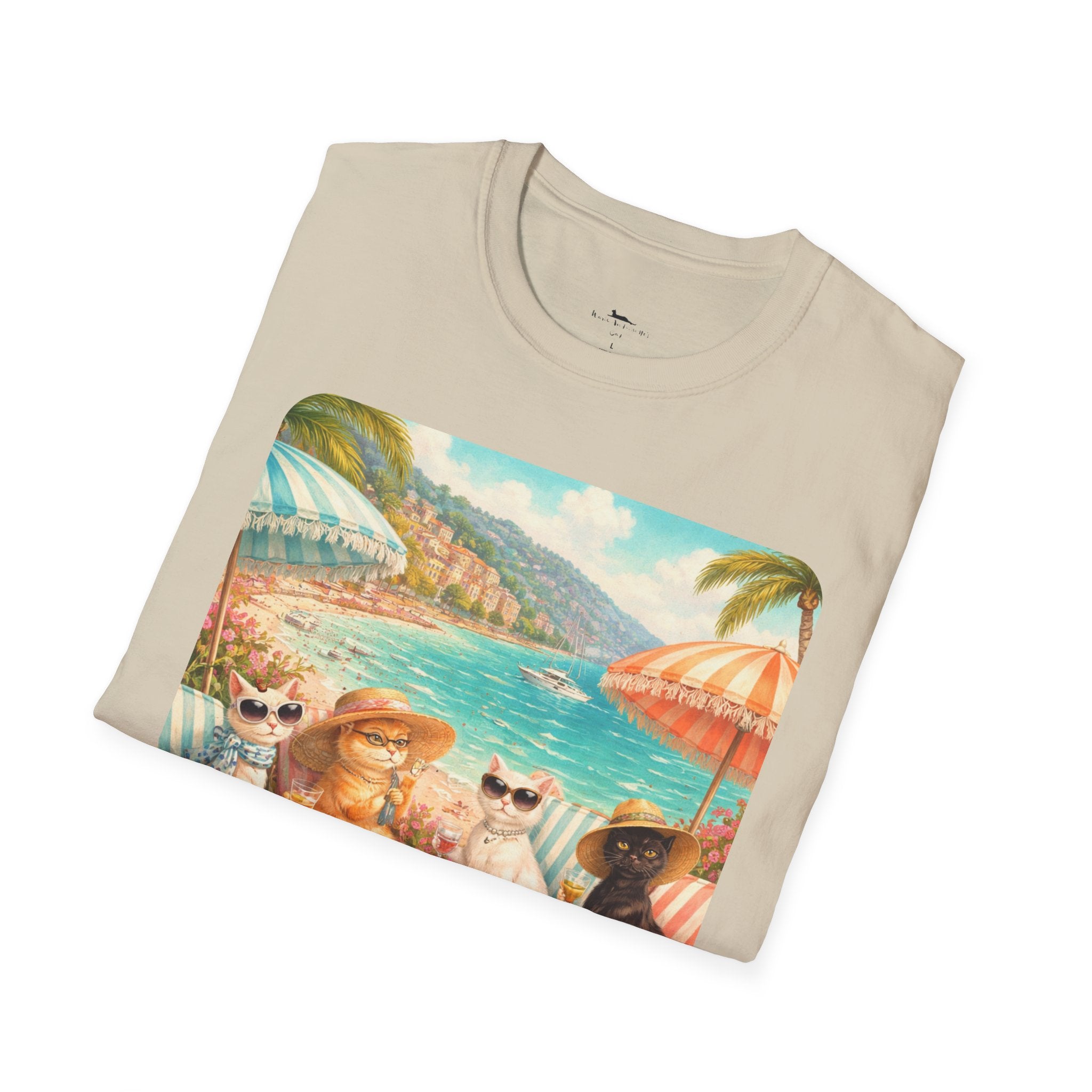 French Riviera Cats Beach Scene T-Shirt | Coastal Vibes Illustration