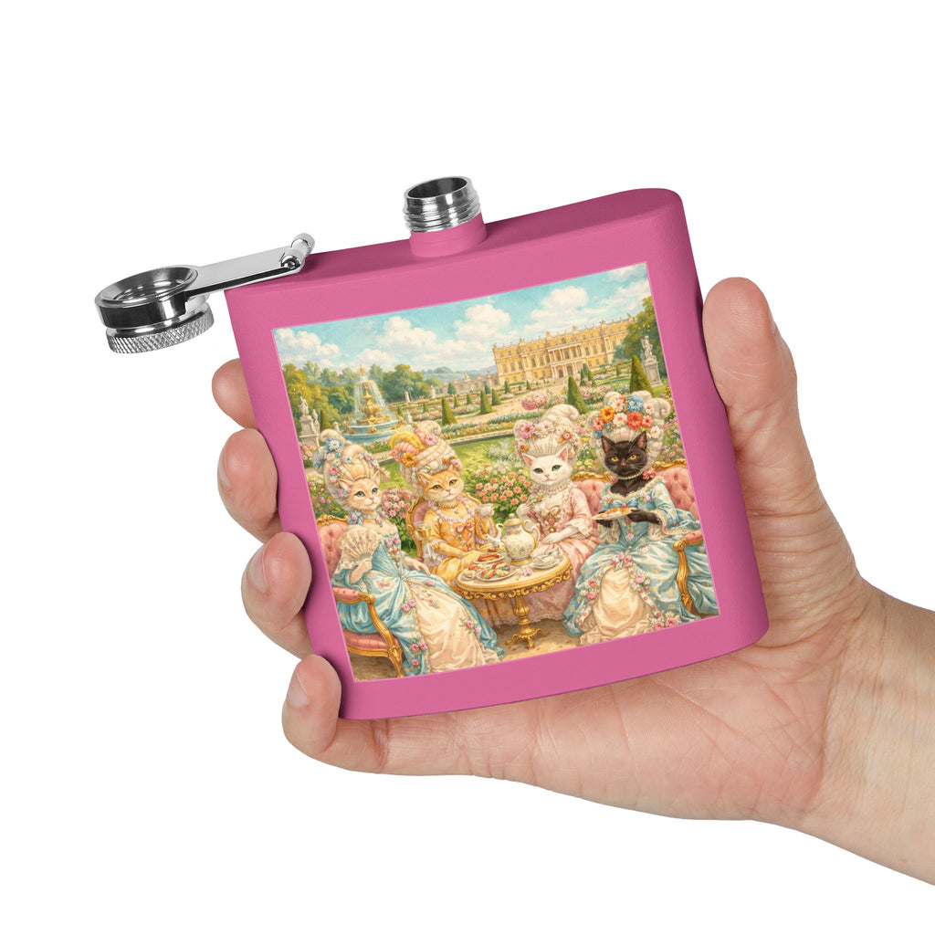 Pink Open flask with a cat tea party scene at Versailles