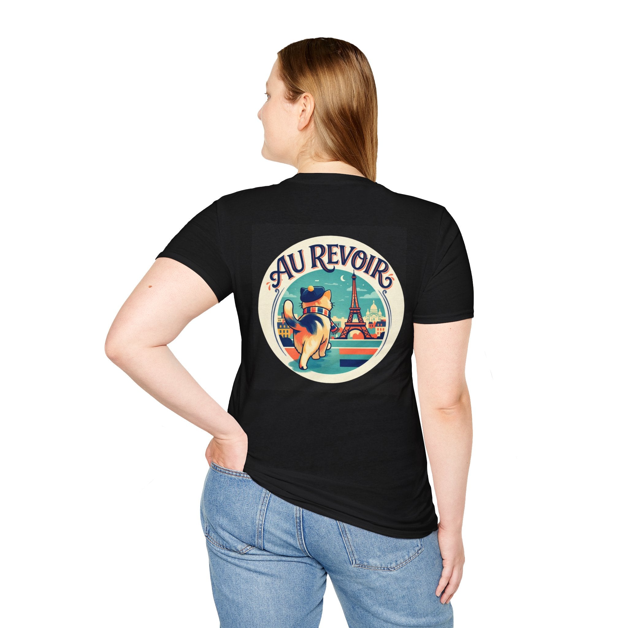 Back of Bonjour Au Revoir Cat Paris T-Shirt Black | Cute French Kitty T-Shirt