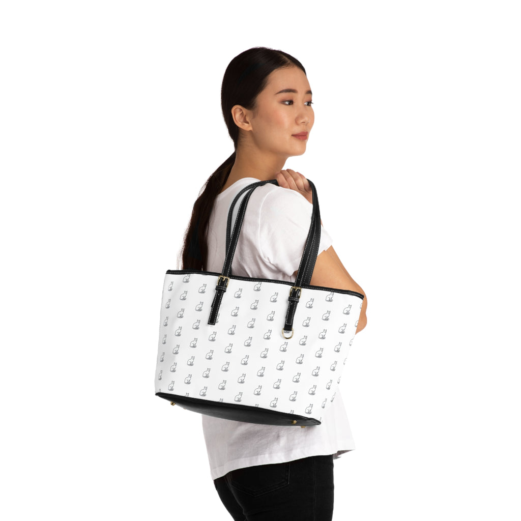 Cat Silhouette Pattern PU Leather Shoulder Bag | White Tote, Repeating Cat Design