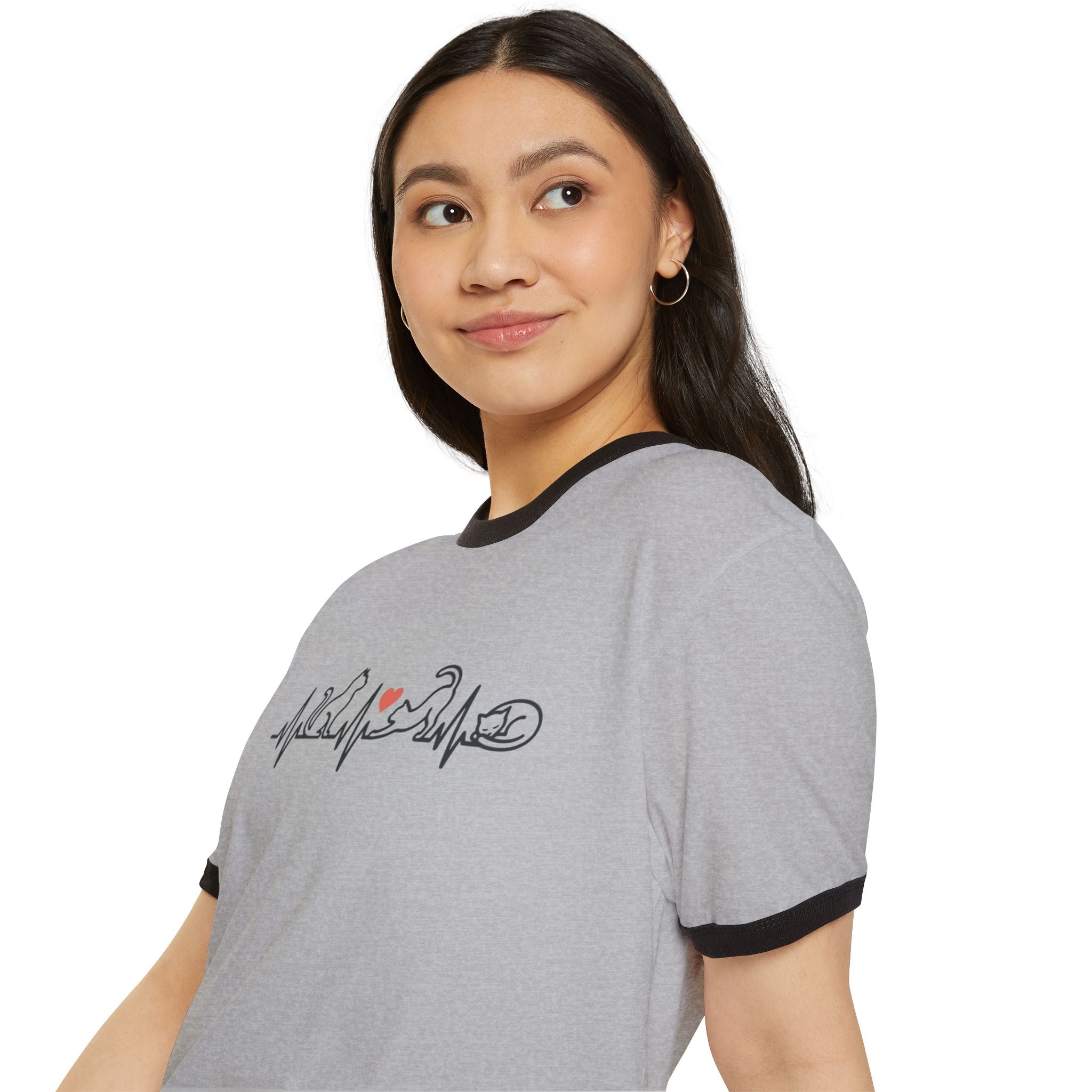 Cat Lover Ringer T-Shirt — Cat Heartbeat Print Design Gray