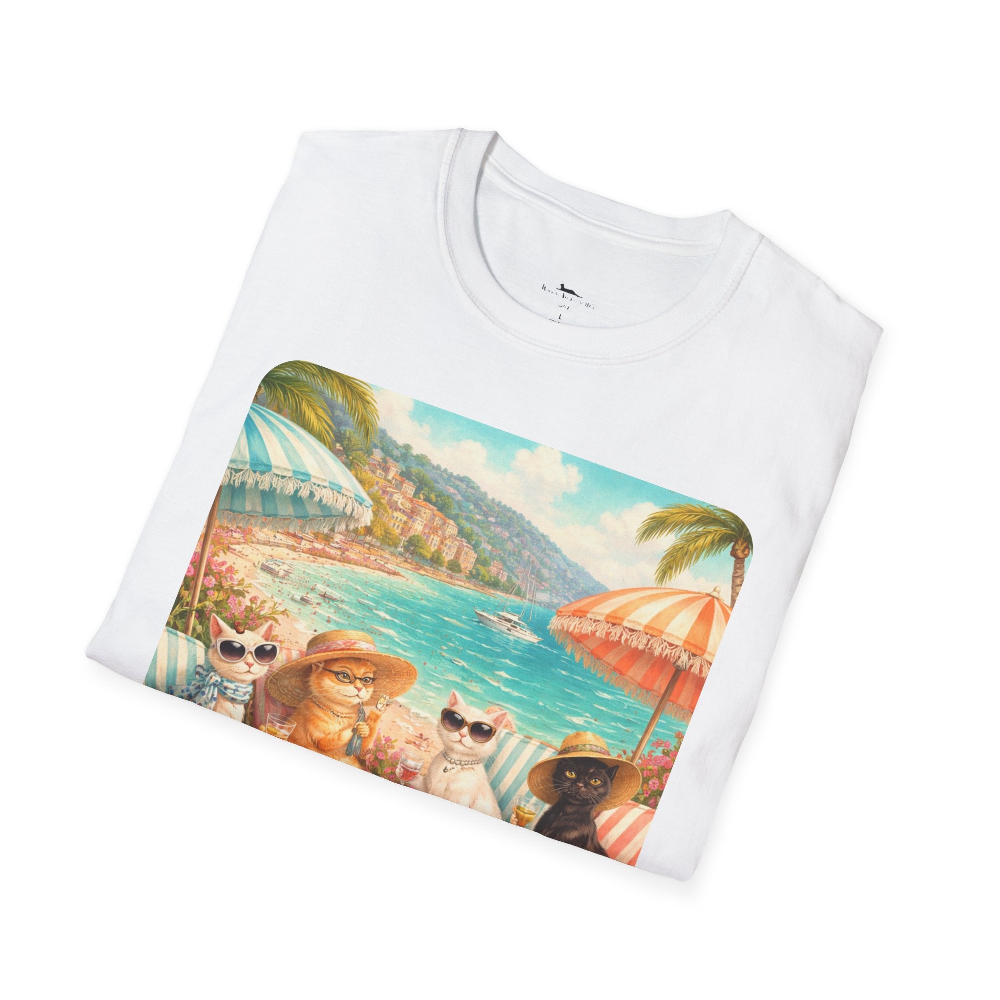 French Riviera Cats Beach Scene T-Shirt | Coastal Vibes Illustration
