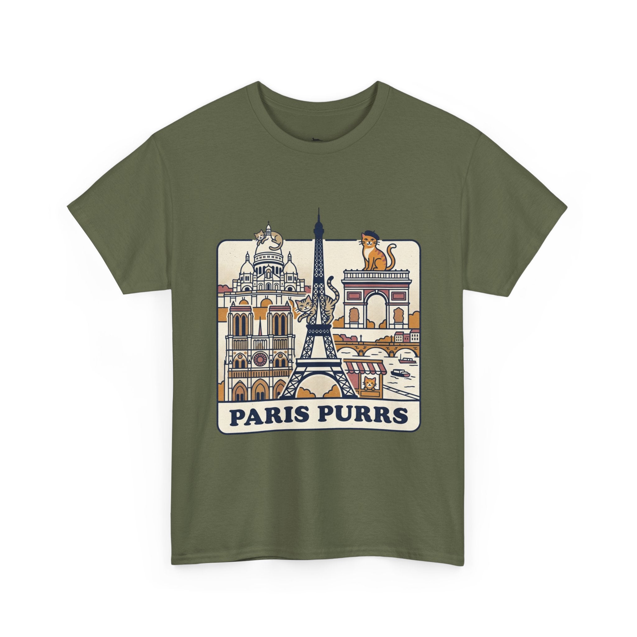 Green t-shirt with Paris-themed graphic and 'Paris Purrs' text on a white background