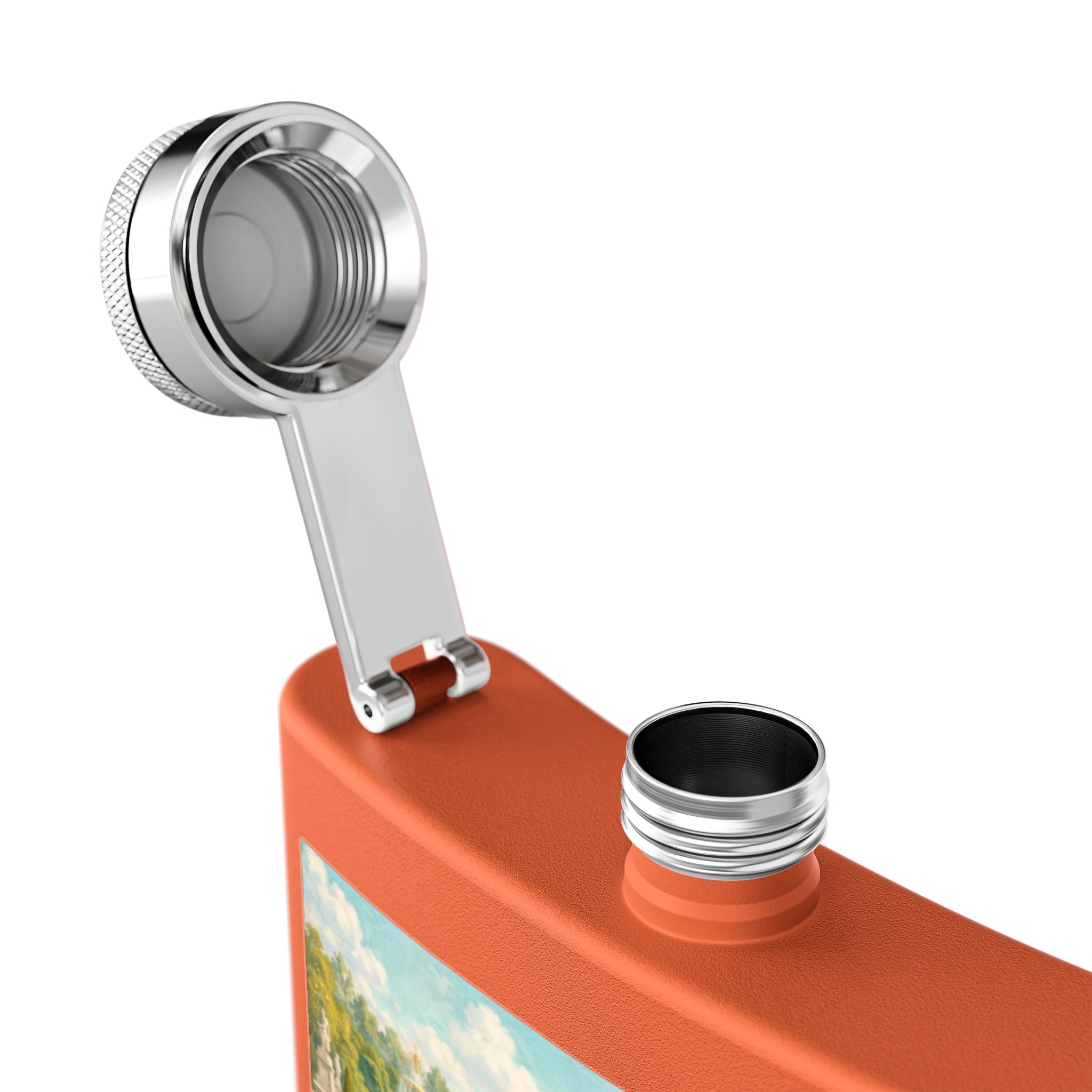Open lid of orange flask with a cat tea party scene at Versailles