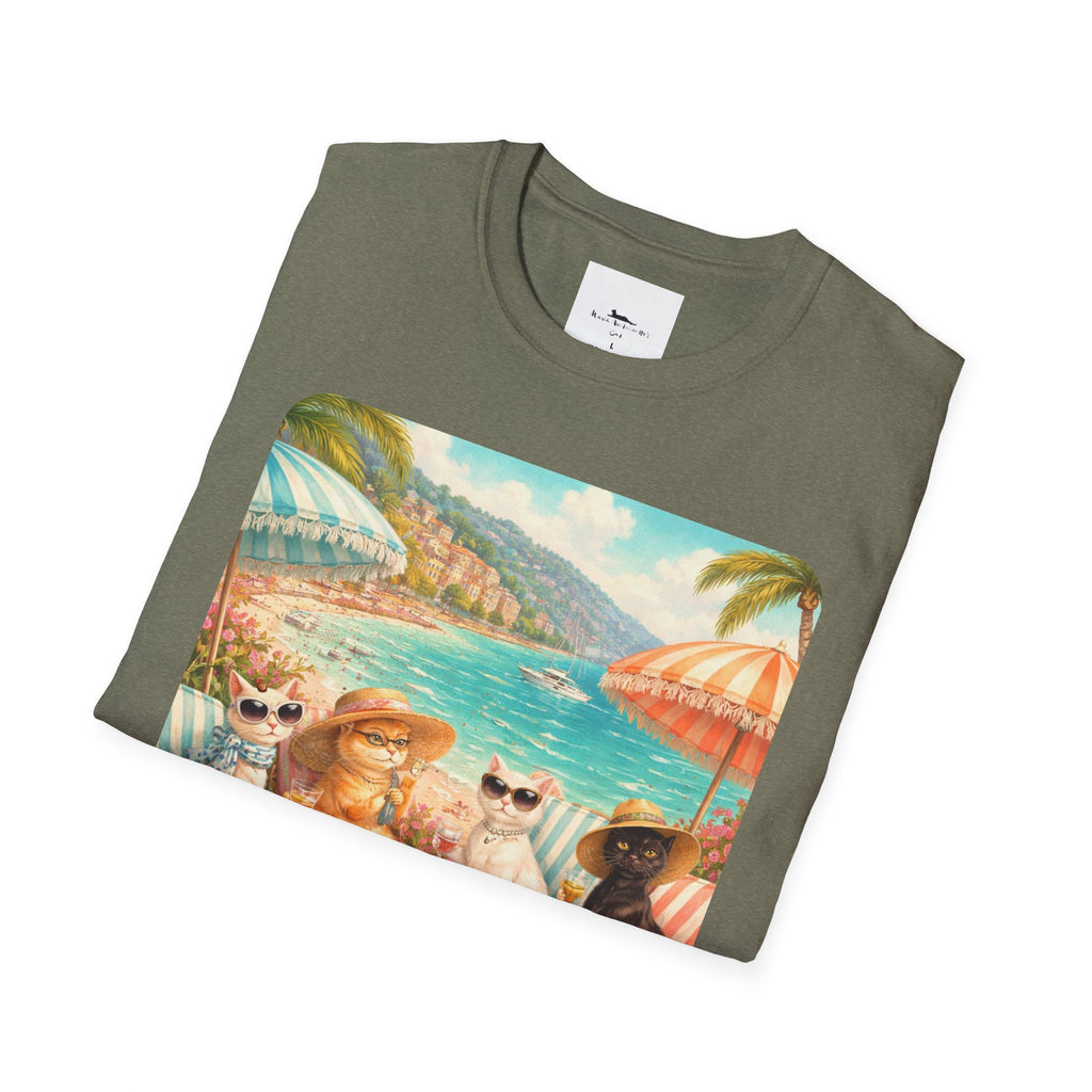 French Riviera Cats Beach Scene T-Shirt | Coastal Vibes Illustration