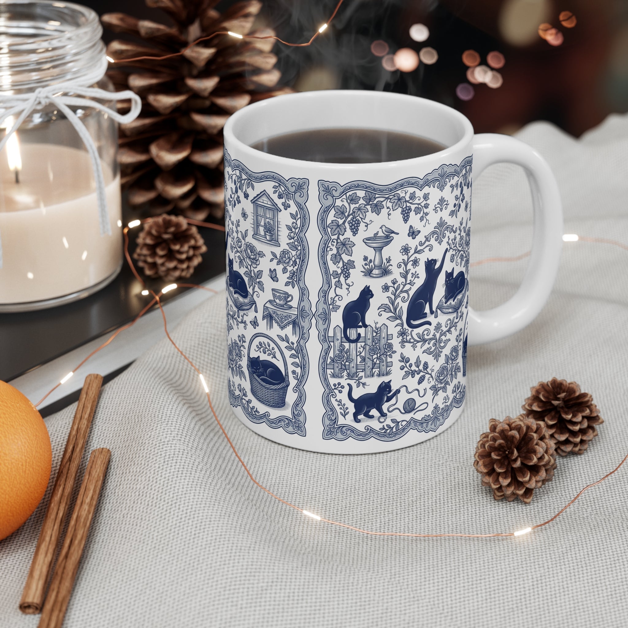 Blue Toile Cats Mug | Vintage Floral Cat Pattern, Porcelain Style