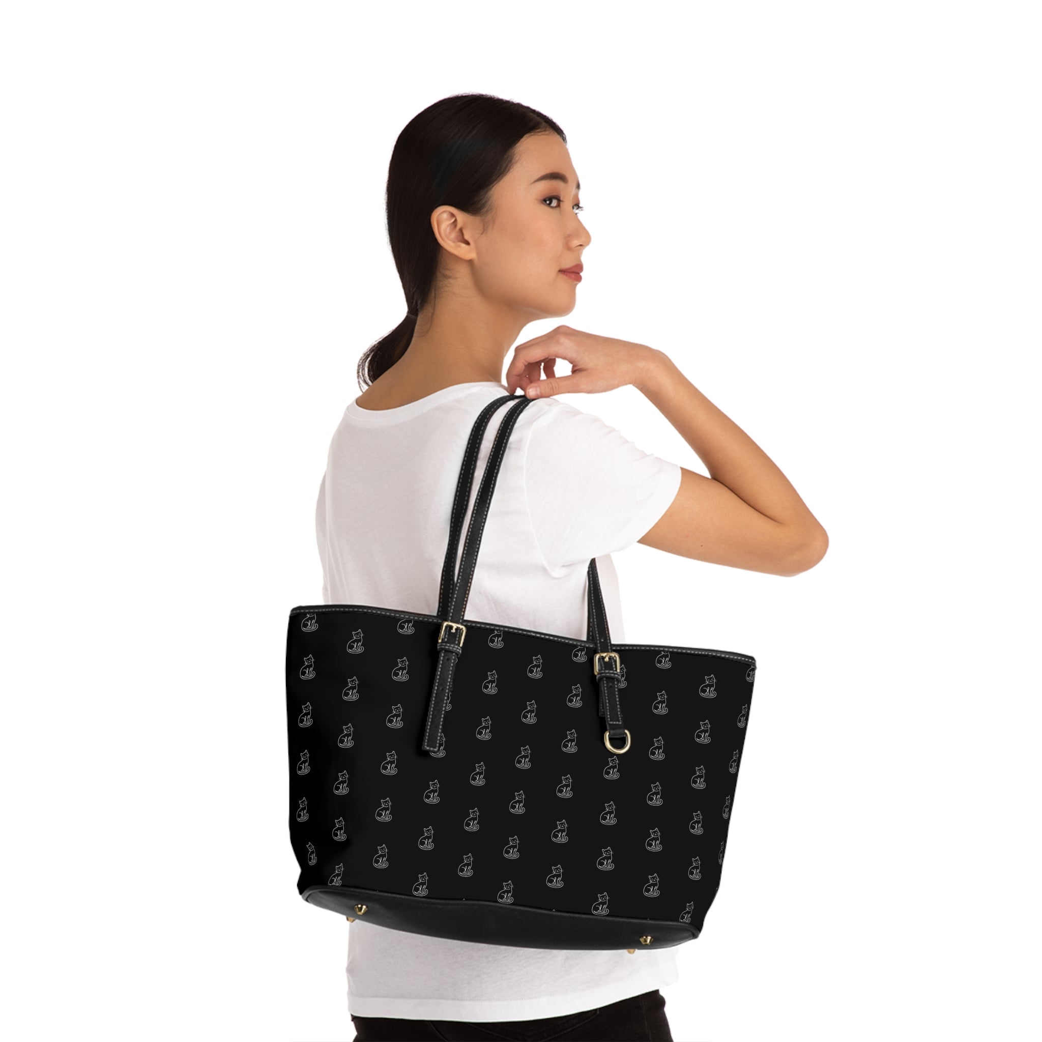 Cat Silhouette Pattern PU Leather Shoulder Bag | Black Tote, Repeating Cat Design