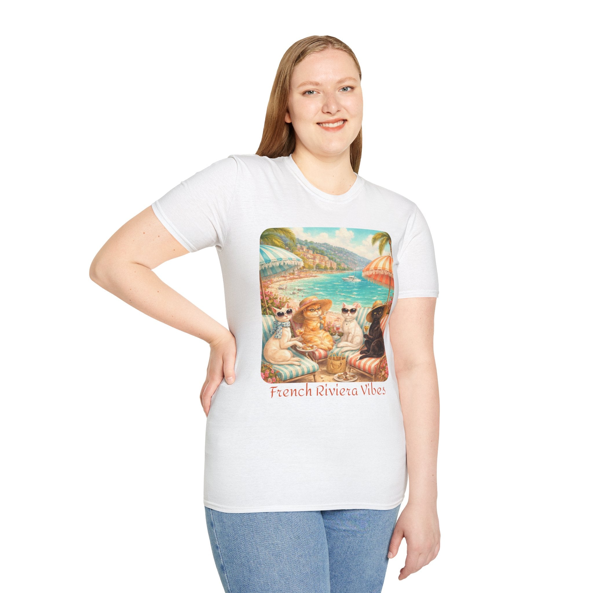 French Riviera Cats Beach Scene T-Shirt | Coastal Vibes Illustration