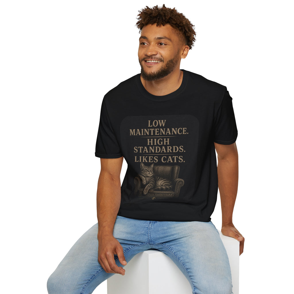 Cat Lover T‑Shirt — "Low Maintenance. High Standards. Likes Cats." Design