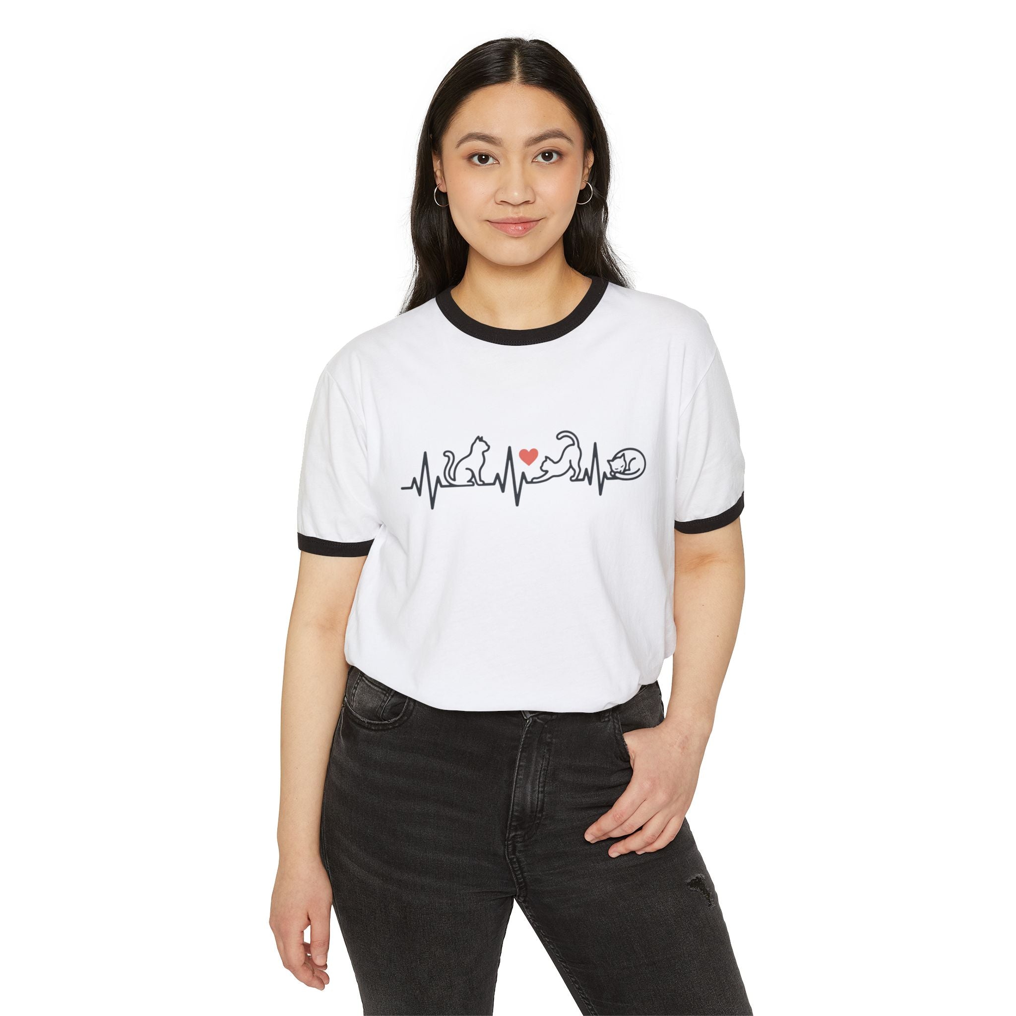 Cat Lover Ringer T-Shirt — Cat Heartbeat Print Design