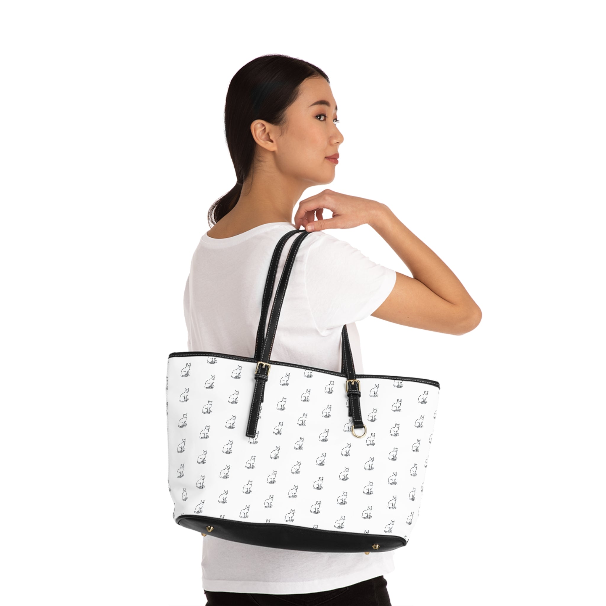 Cat Silhouette Pattern PU Leather Shoulder Bag | White Tote, Repeating Cat Design