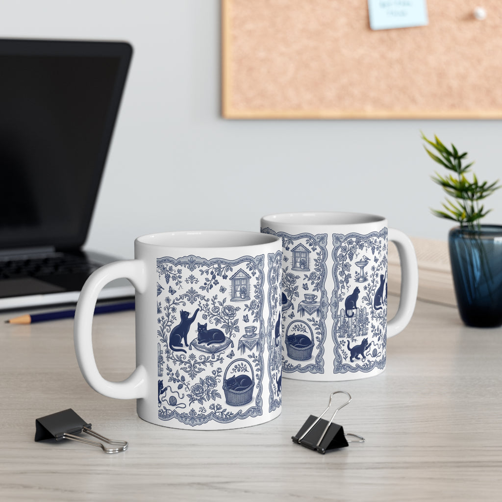 Blue Toile Cats Mug | Vintage Floral Cat Pattern, Porcelain Style