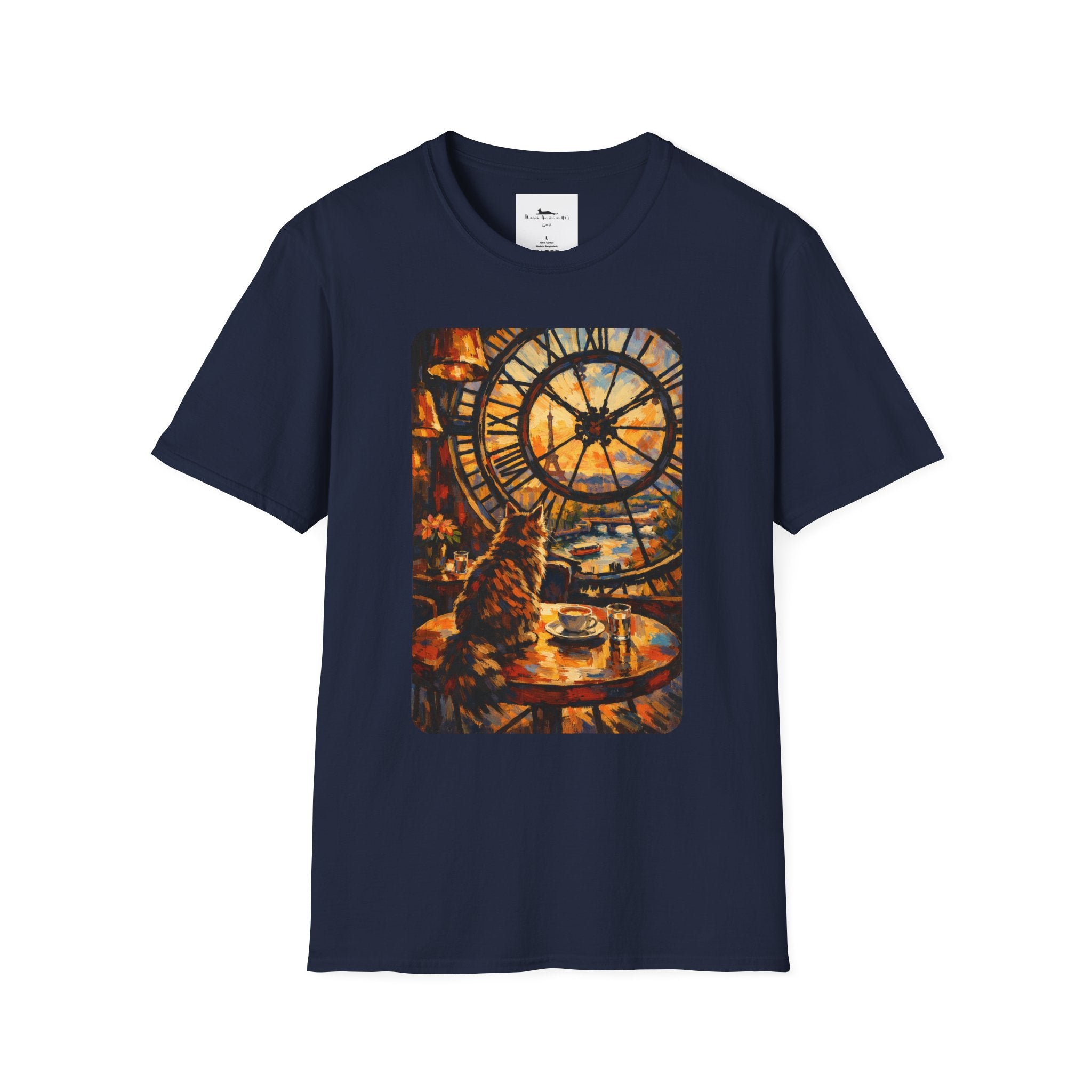 Paris D'Orsay Cafe Cat Illustration T-Shirt | Musée D'Orsay Scene Navy