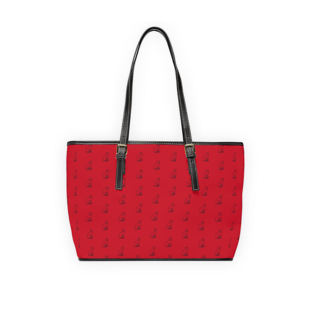 Cat Silhouette Pattern PU Leather Shoulder Bag | Red Tote, Repeating Cat Design