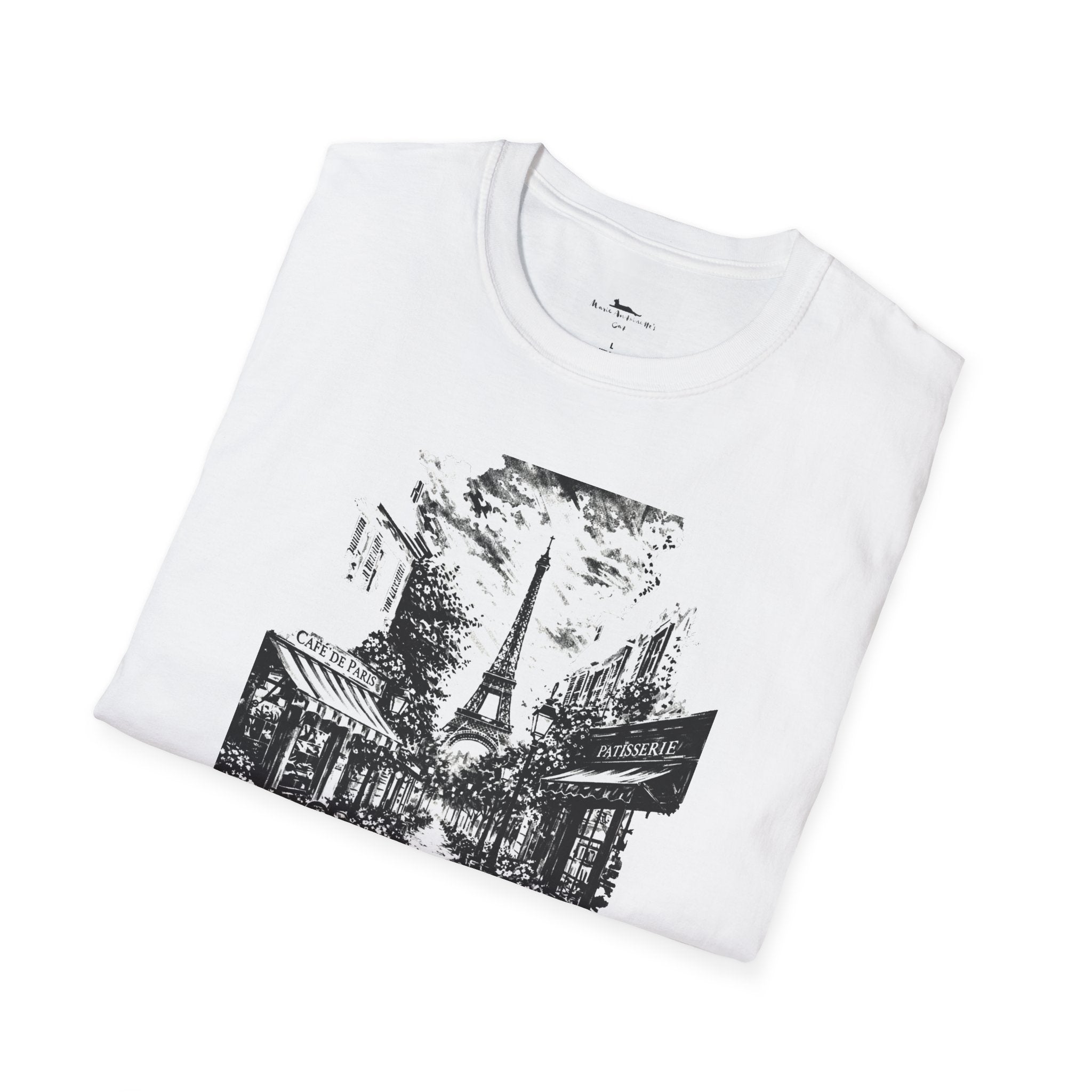 White t-shirt with black graphic design of a street scene and Eiffel Tower on a white background