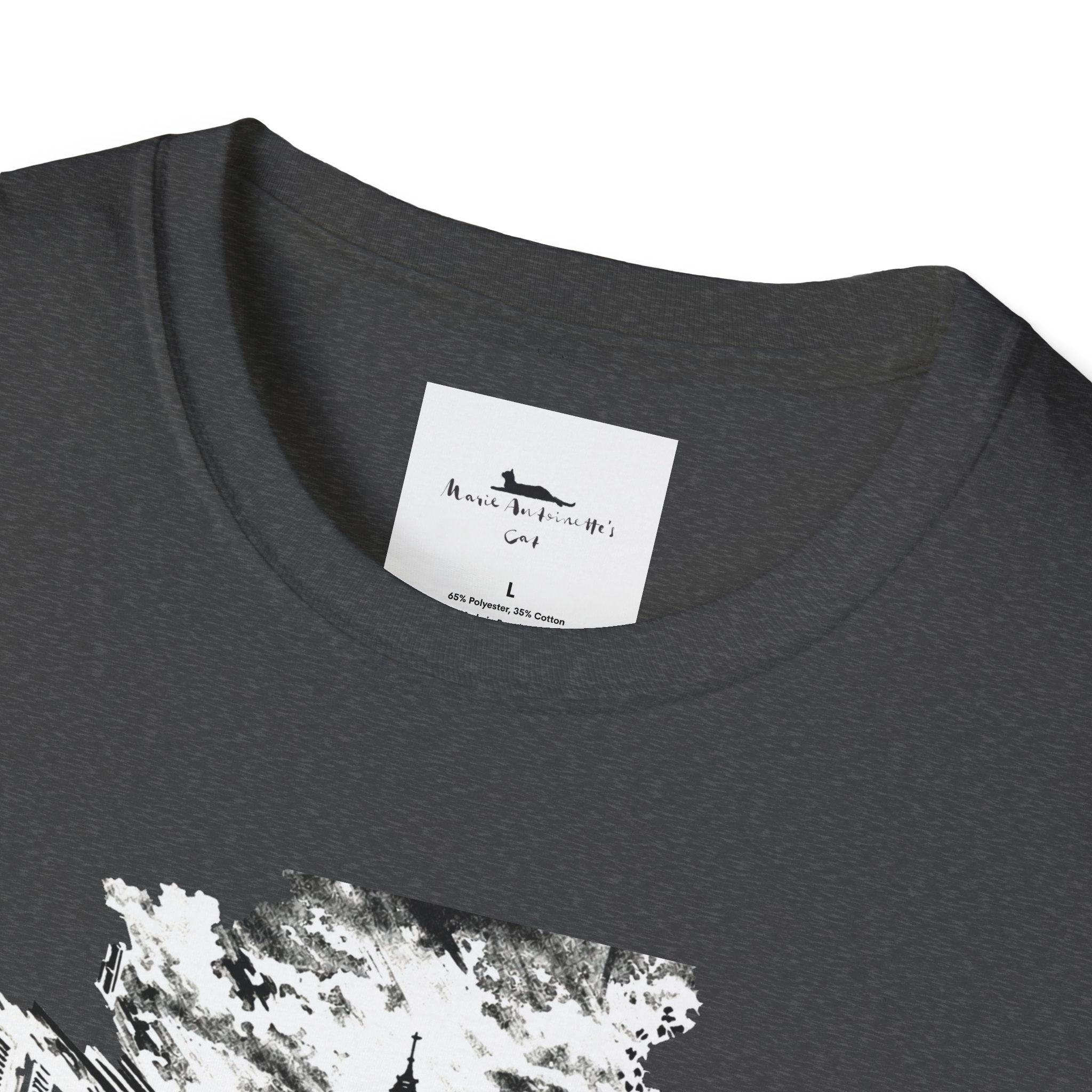 Gray t-shirt with black graphic design of a street scene and Eiffel Tower on a white background