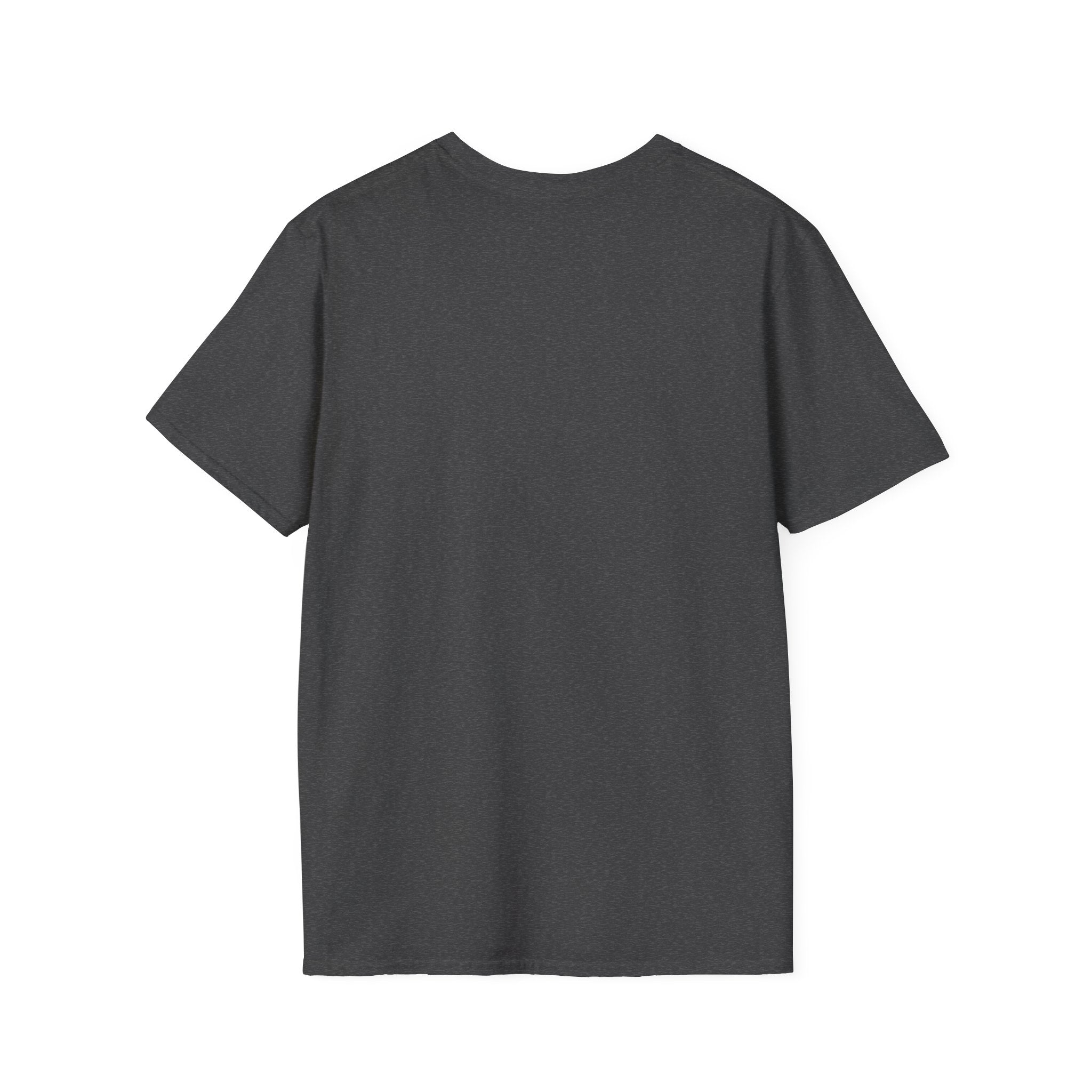 Back view of gray t-shirt with black graphic design of a street scene and Eiffel Tower on a white background