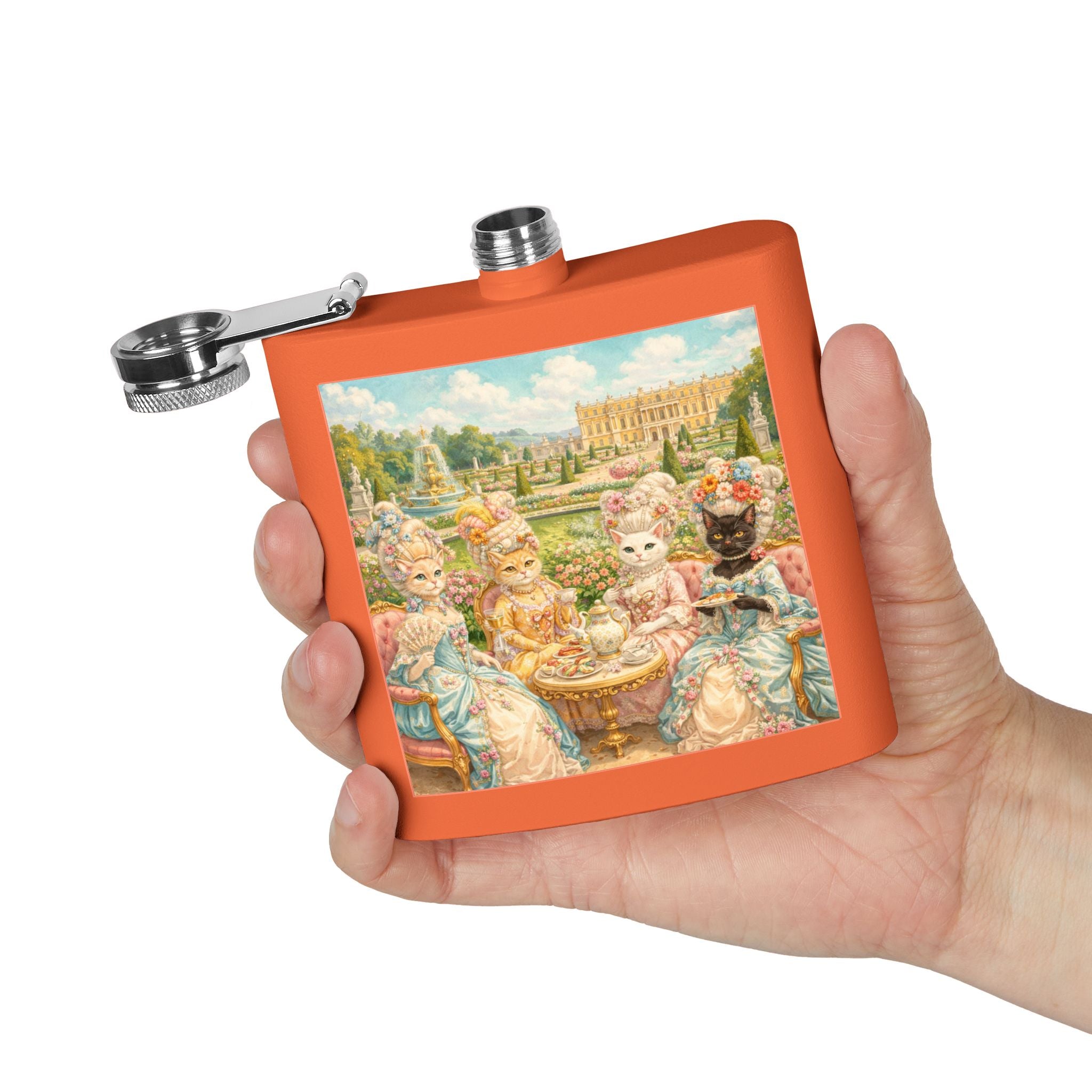 Orange flask with a cat tea party scene at Versailles