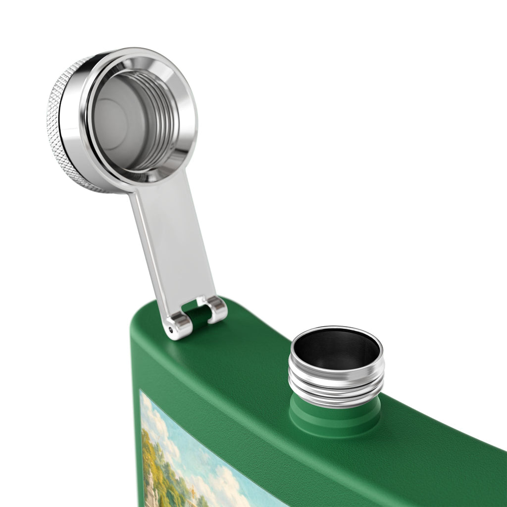 Open lid of green flask with a cat tea party scene at Versailles