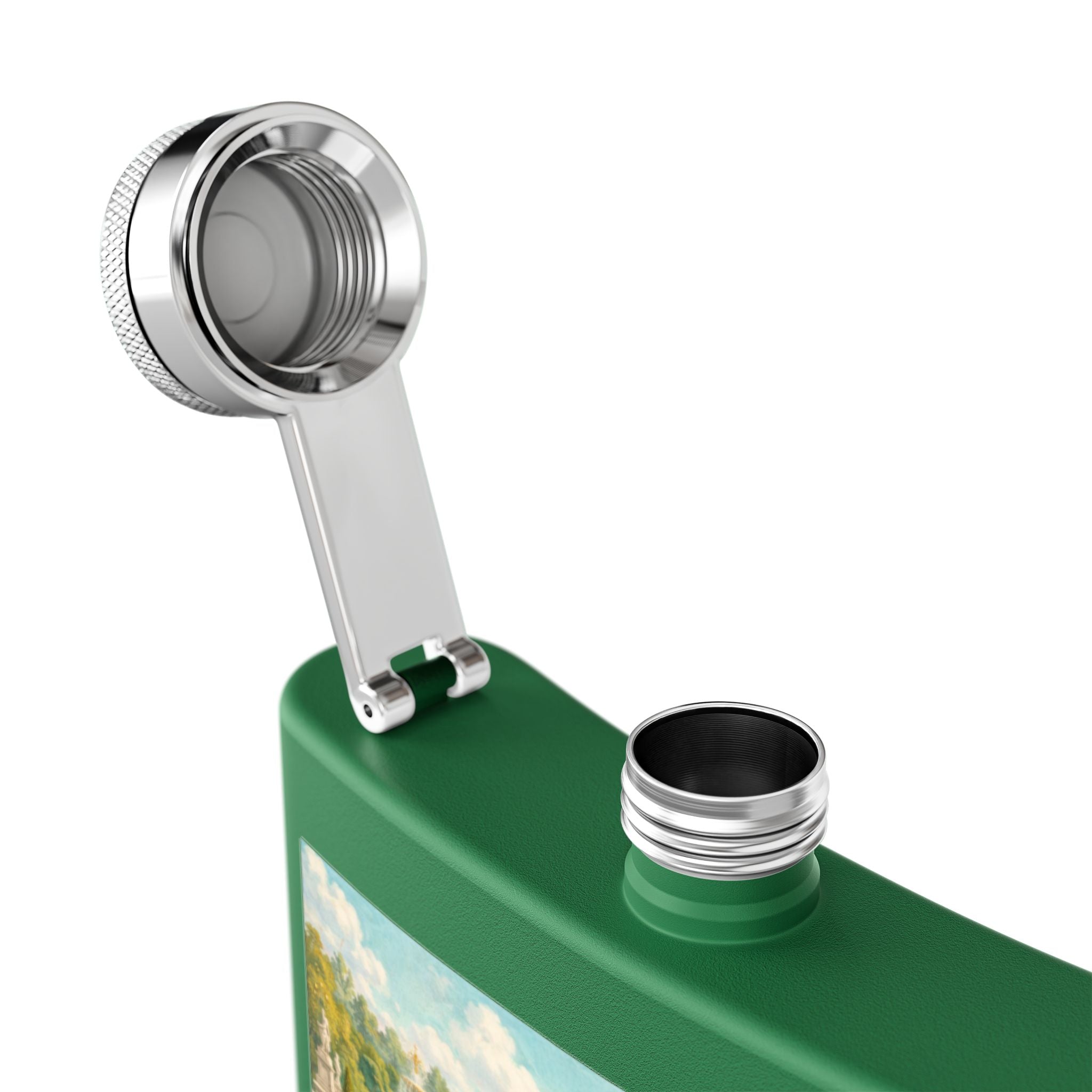 Open lid of green flask with a cat tea party scene at Versailles