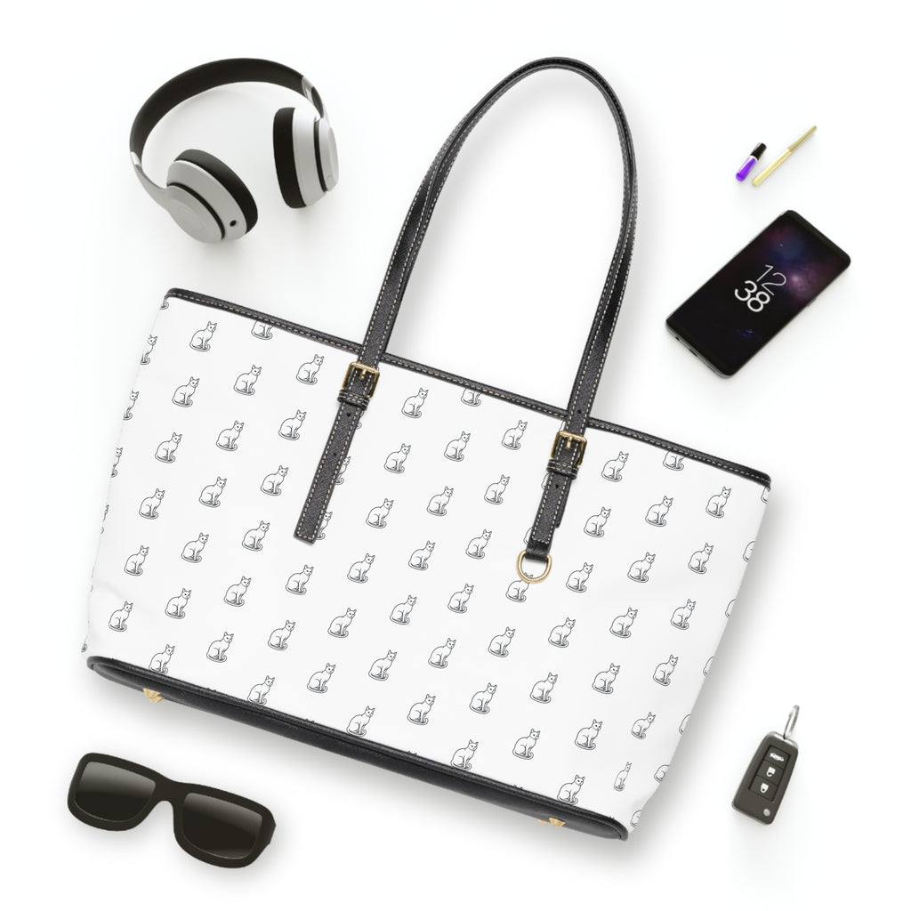 Cat Silhouette Pattern PU Leather Shoulder Bag | White Tote, Repeating Cat Design
