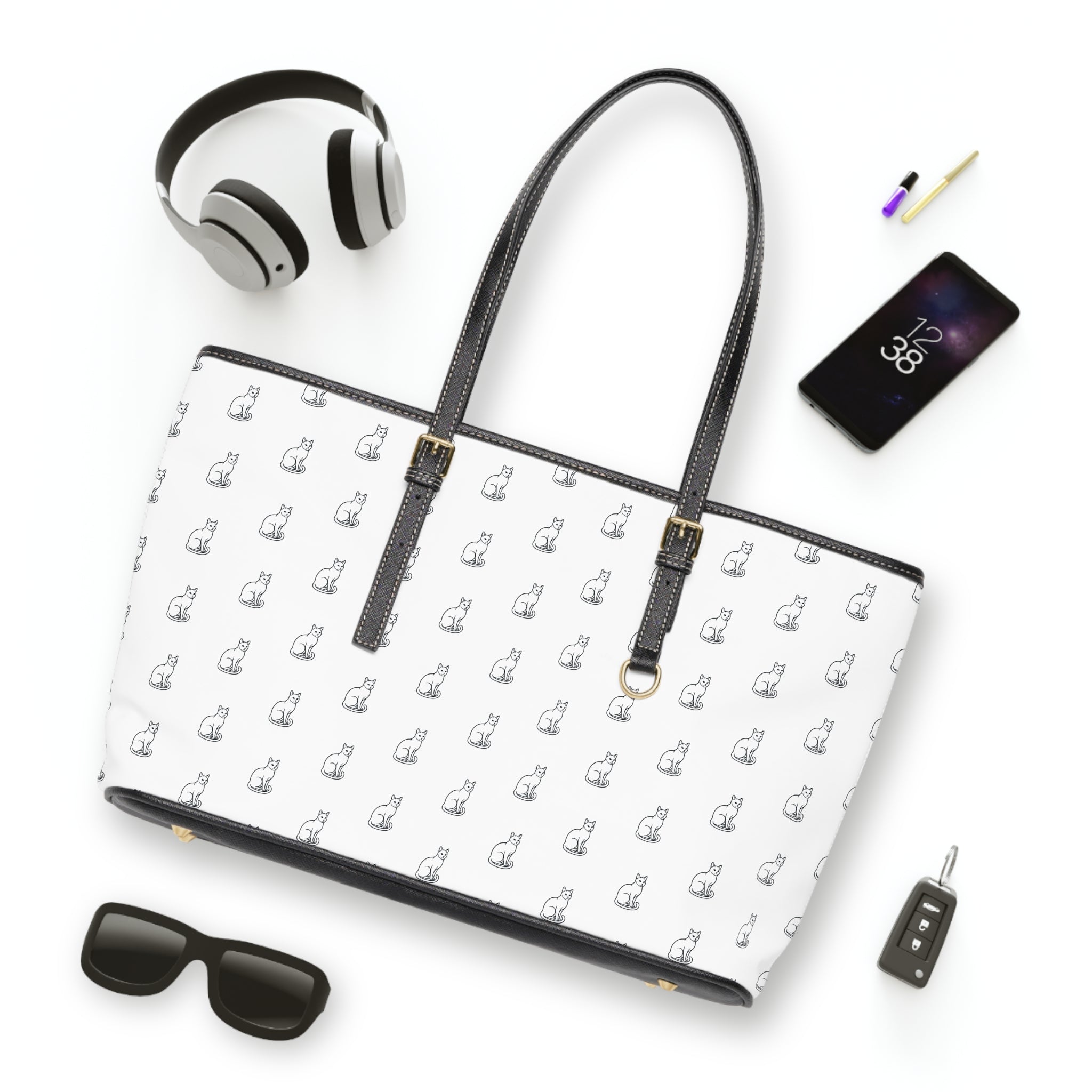 Cat Silhouette Pattern PU Leather Shoulder Bag | White Tote, Repeating Cat Design