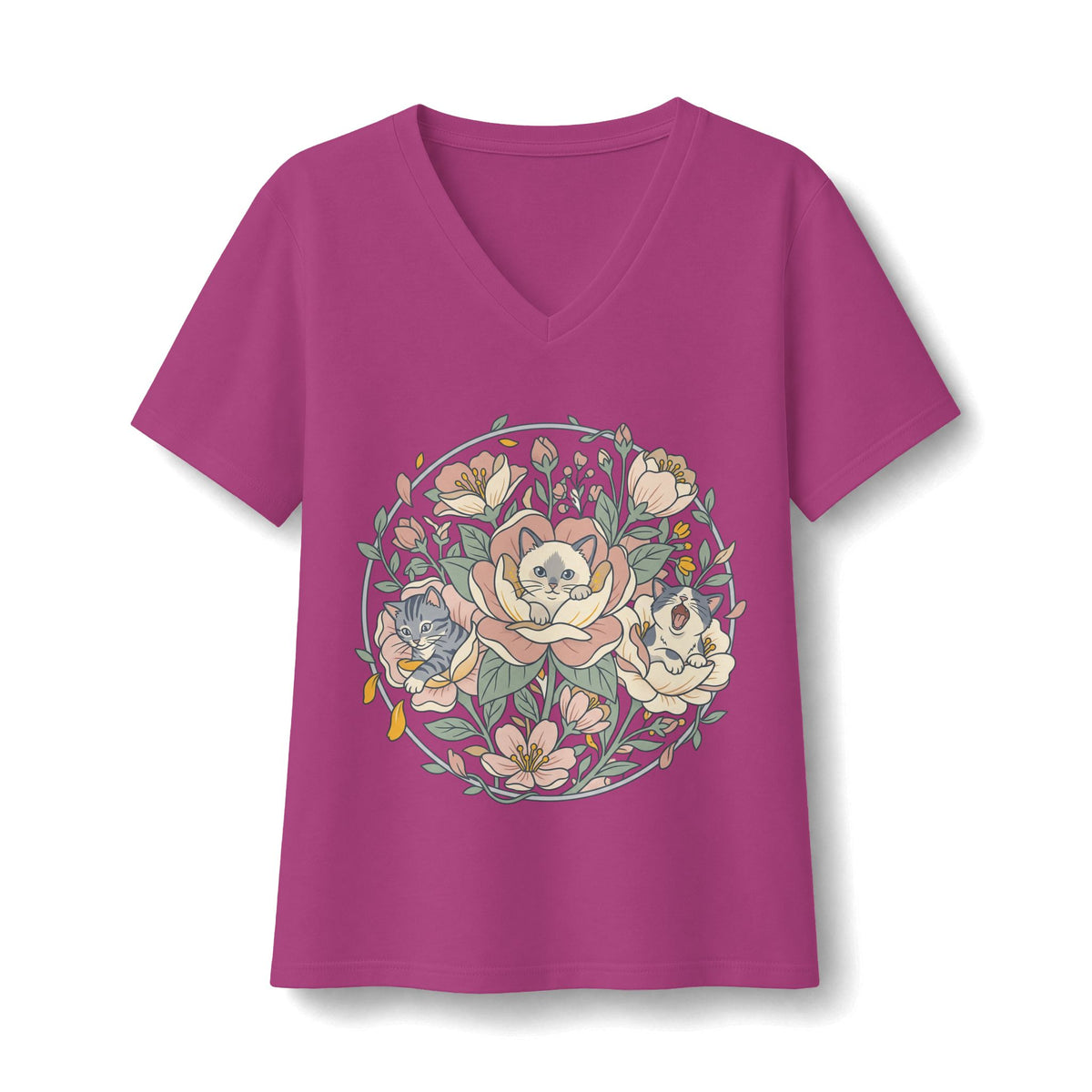 Floral Cat Bouquet V-Neck Tee