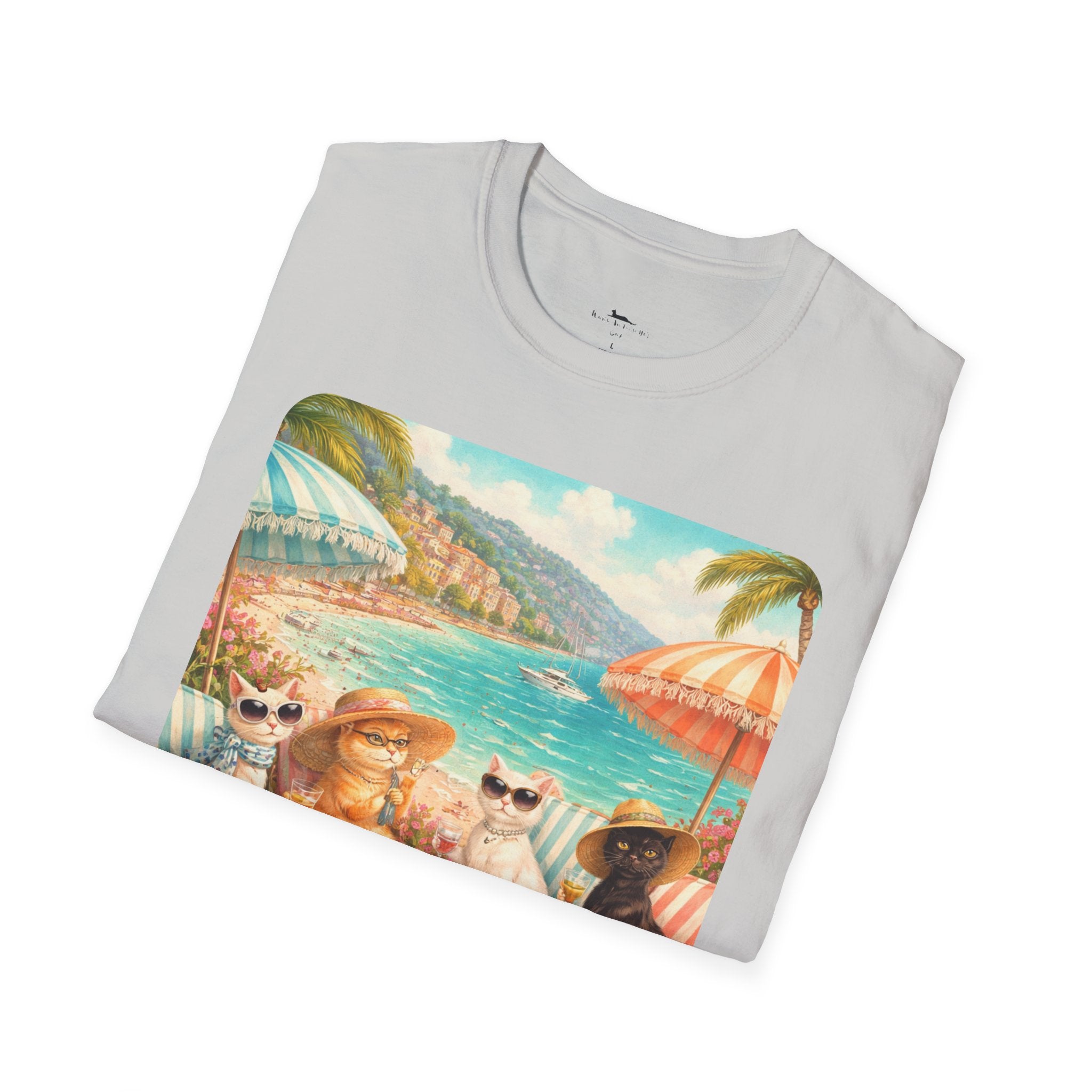 French Riviera Cats Beach Scene T-Shirt | Coastal Vibes Illustration