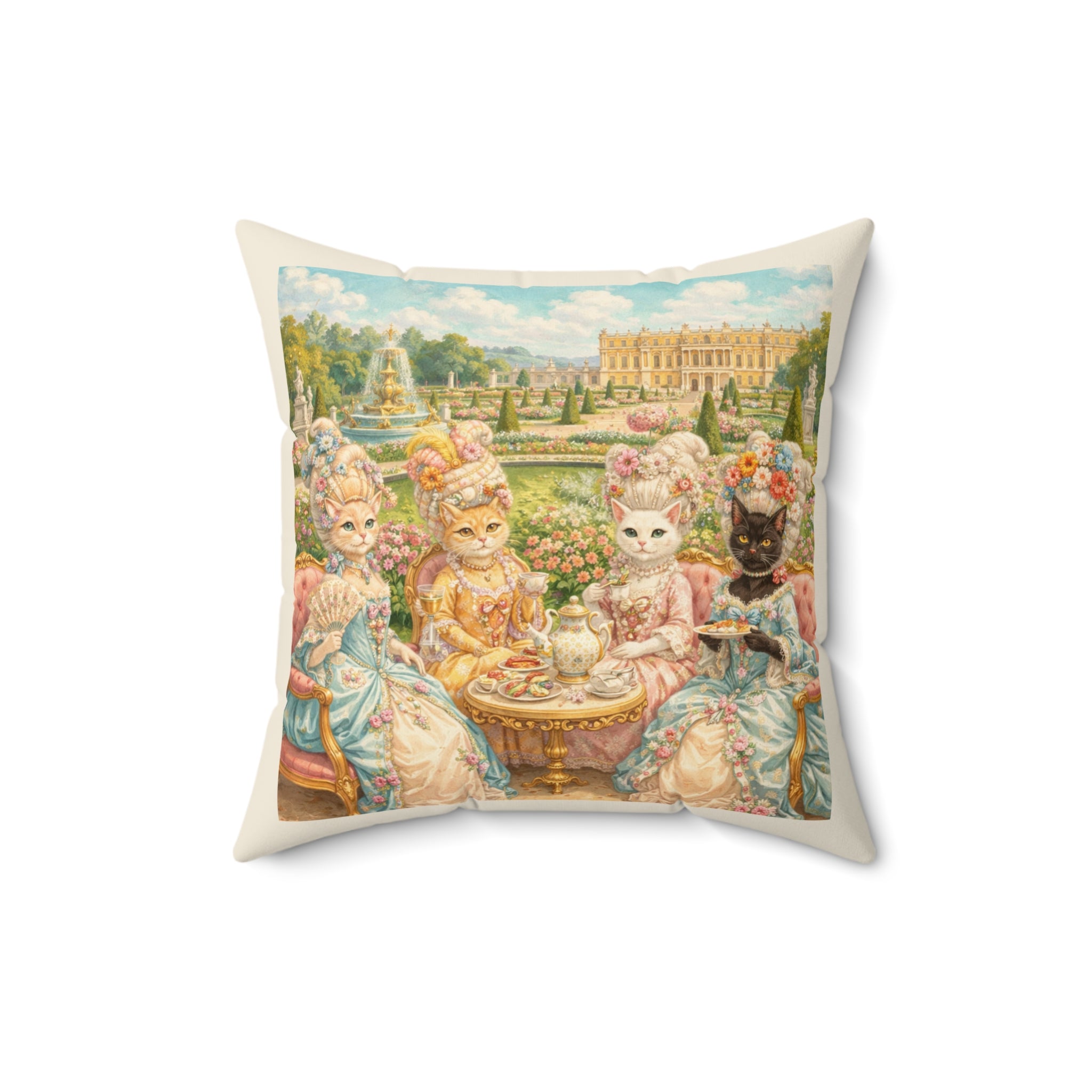 Versailles Cat Tea Party Decorative Pillow — "Purrhaps Tea in the Garden?"