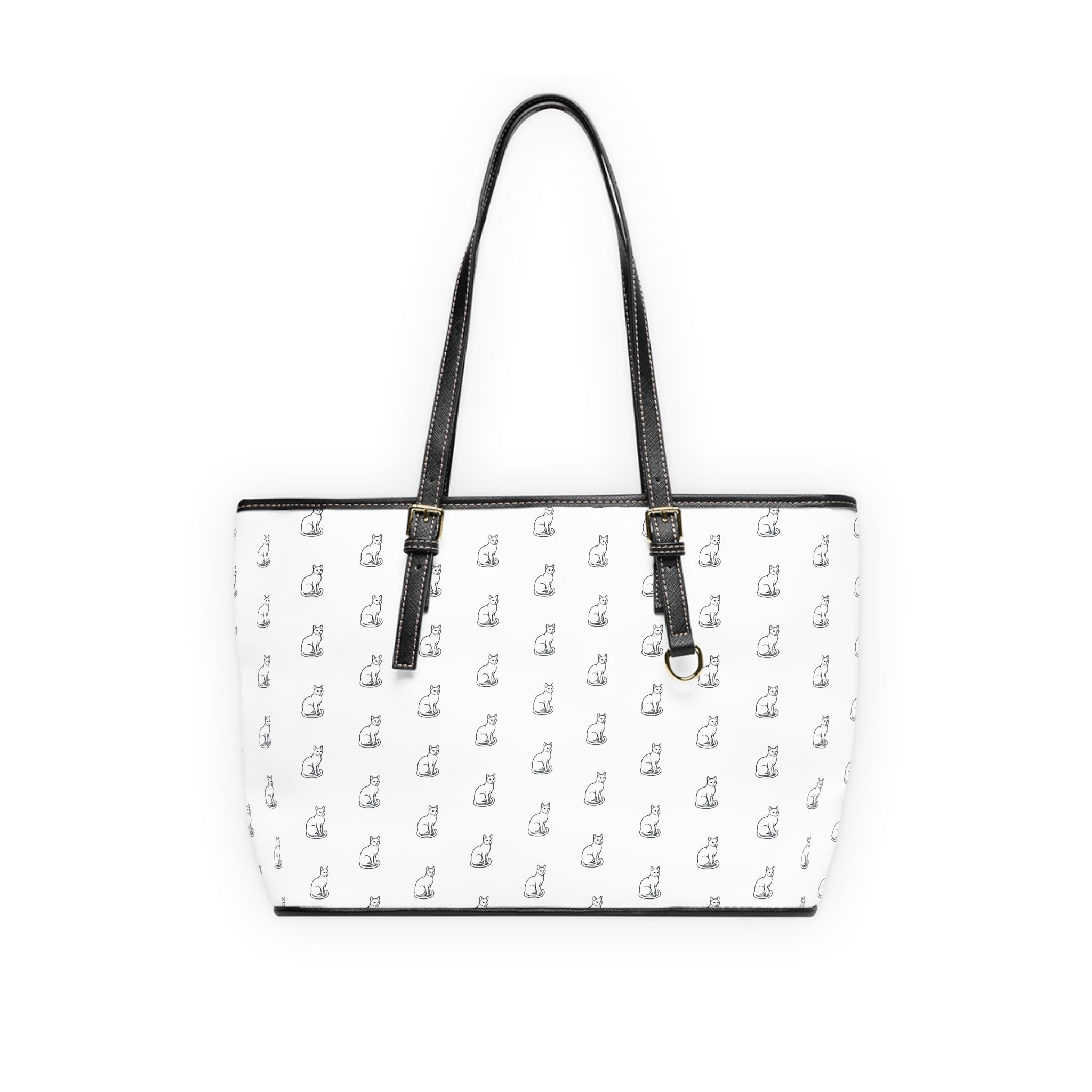 Cat Silhouette Pattern PU Leather Shoulder Bag | White Tote, Repeating Cat Design