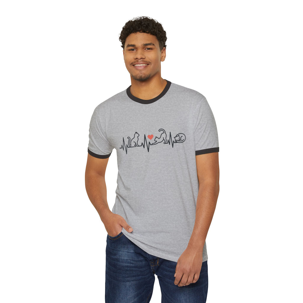 Cat Lover Ringer T-Shirt — Cat Heartbeat Print Design Gray