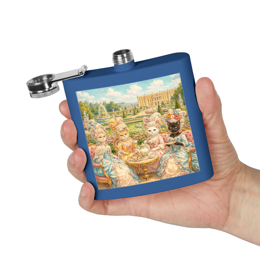 Blue flask with a cat tea party scene at Versailles