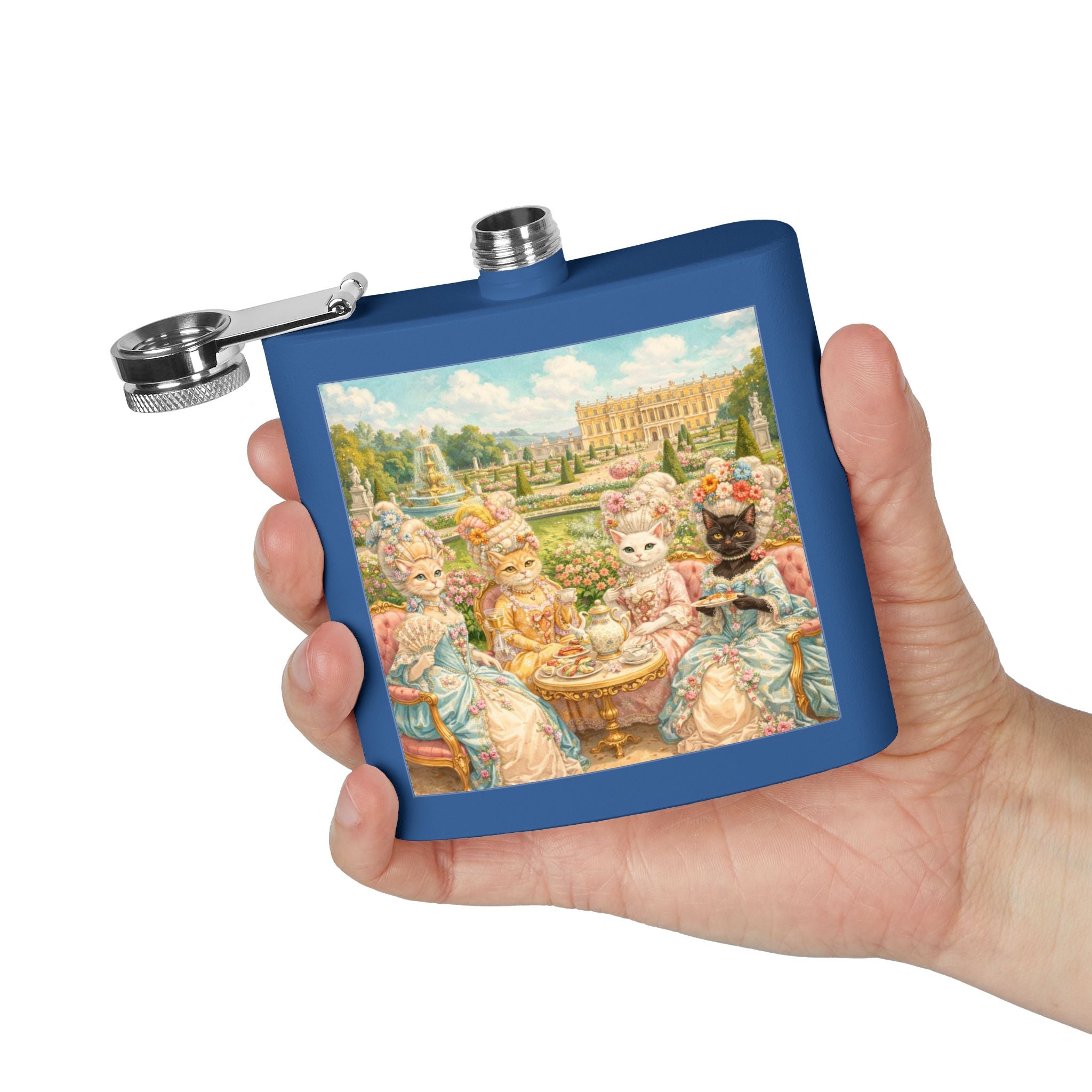Blue flask with a cat tea party scene at Versailles