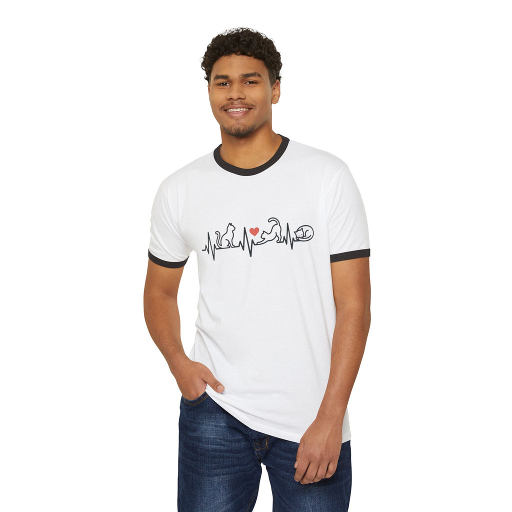 Cat Lover Ringer T-Shirt — Cat Heartbeat Print Design