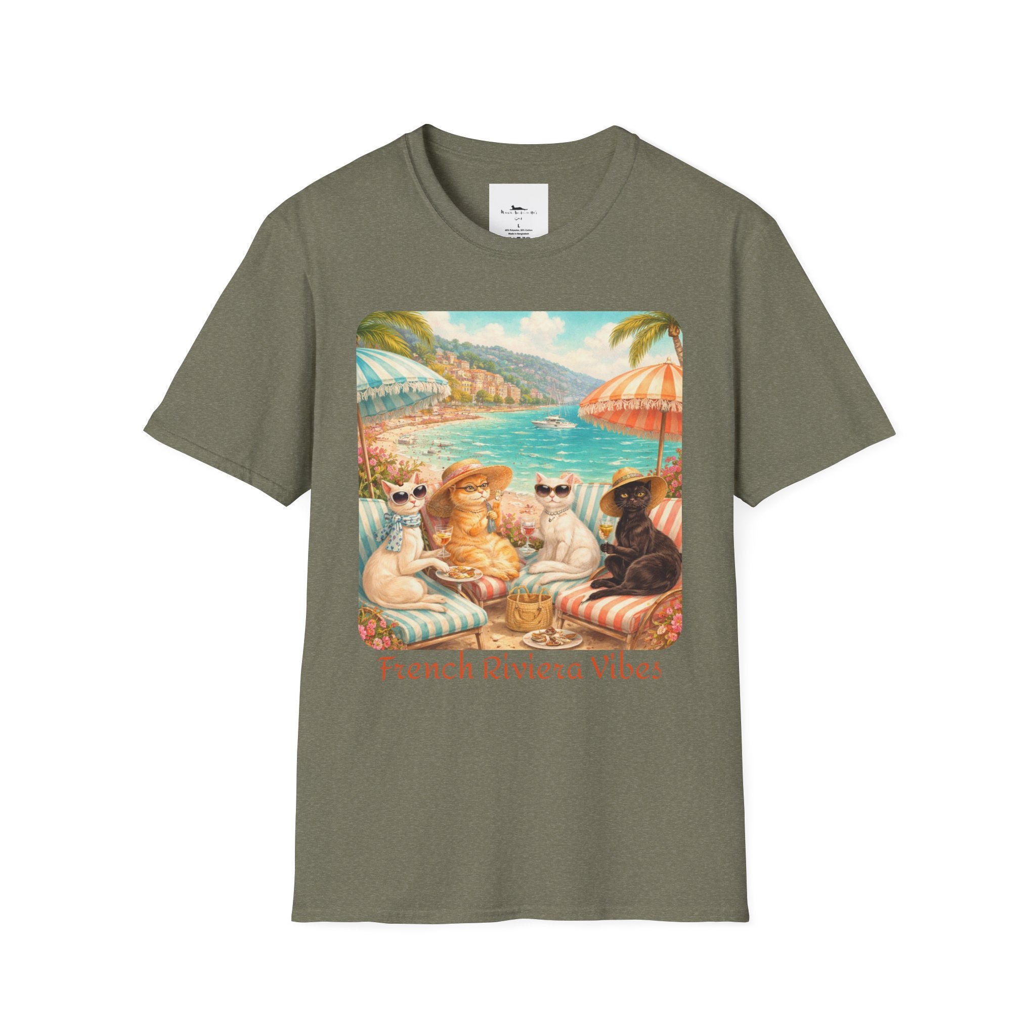 French Riviera Cats Beach Scene T-Shirt | Coastal Vibes Illustration Heather Green