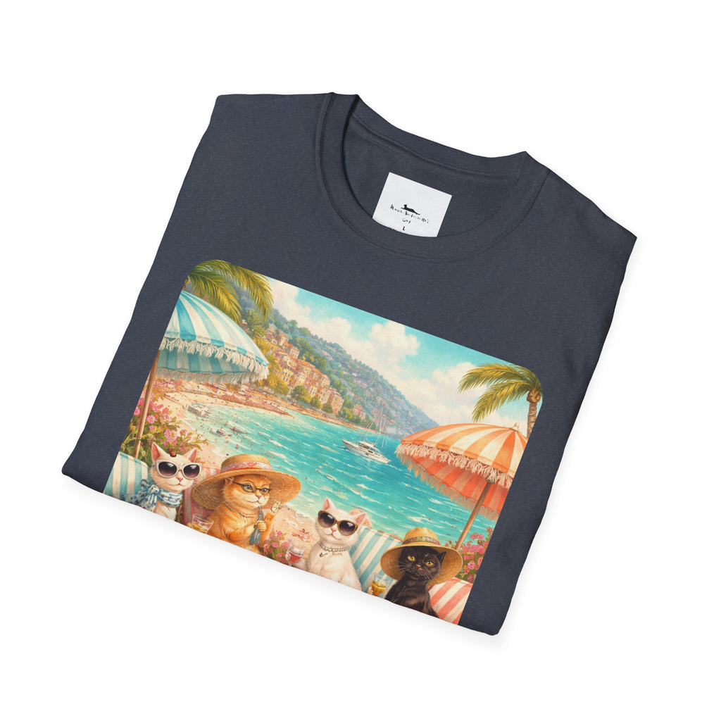 French Riviera Cats Beach Scene T-Shirt | Coastal Vibes Illustration
