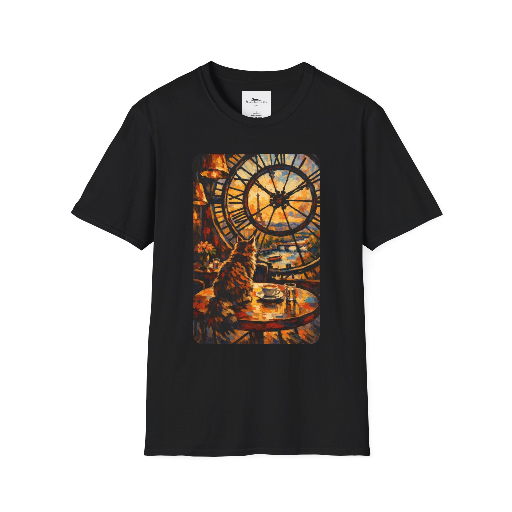 Paris D'Orsay Cafe Cat Illustration T-Shirt | Musée D'Orsay Scene Black