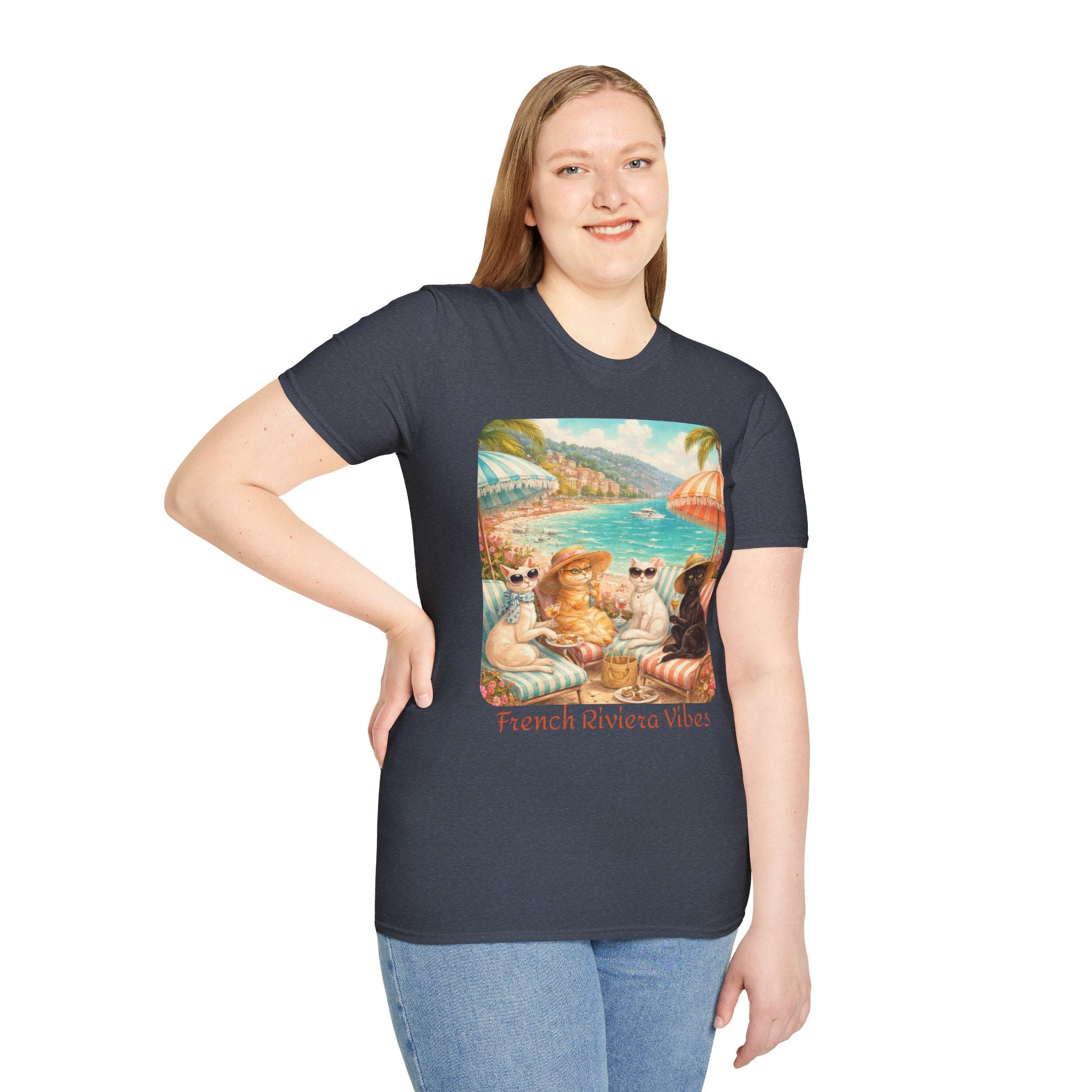 French Riviera Cats Beach Scene T-Shirt | Coastal Vibes Illustration