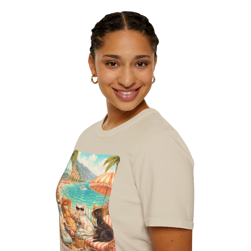 French Riviera Cats Beach Scene T-Shirt | Coastal Vibes Illustration