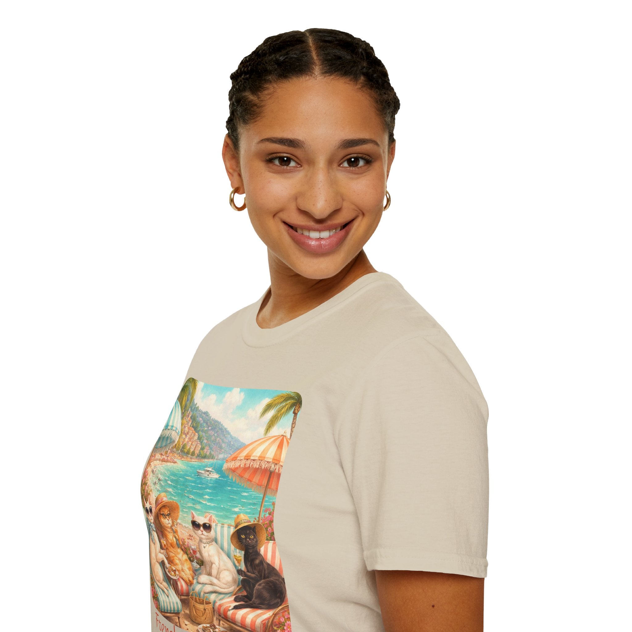 French Riviera Cats Beach Scene T-Shirt | Coastal Vibes Illustration