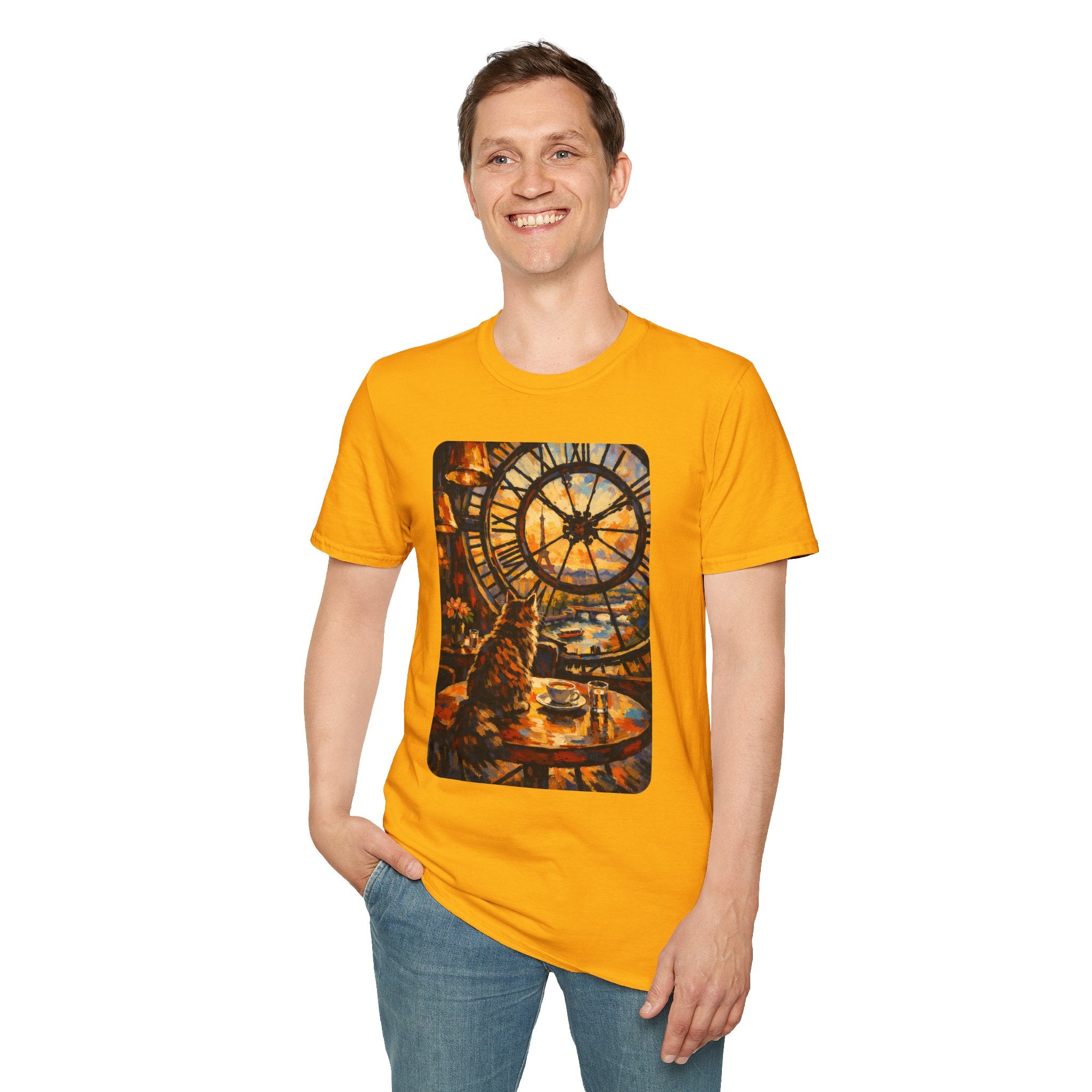 Paris D'Orsay Cafe Cat Illustration T-Shirt | Musée D'Orsay Scene Yellow Mustard