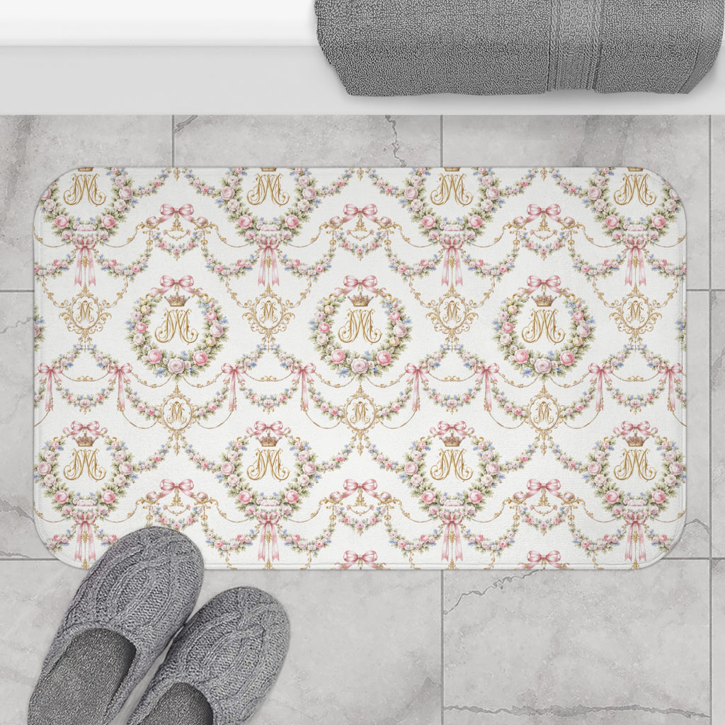 Marie Antoinette Monogram Floral Bath Mat — Monogrammed Rose Wreath Pattern, memory foam