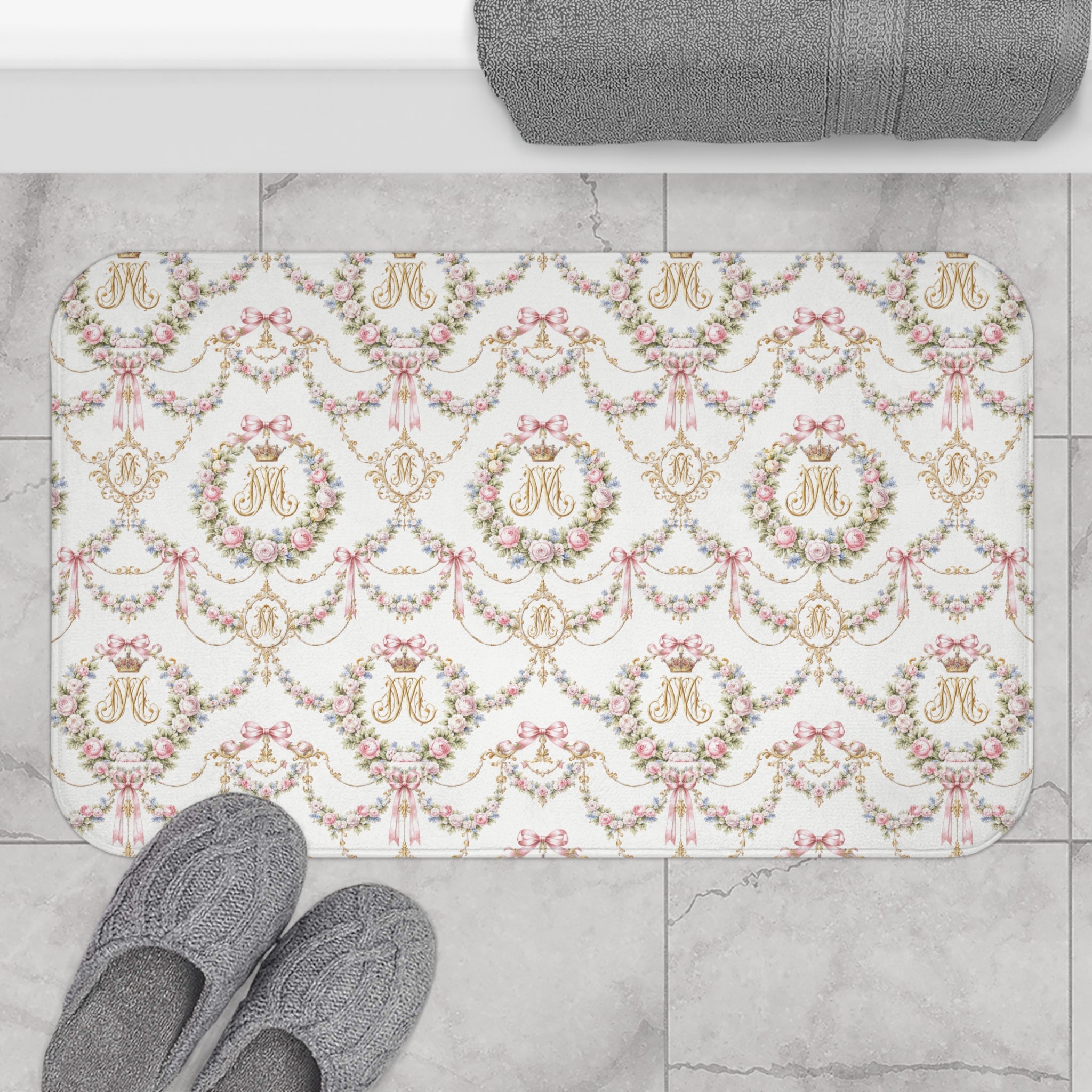 Marie Antoinette Monogram Floral Bath Mat — Monogrammed Rose Wreath Pattern, memory foam
