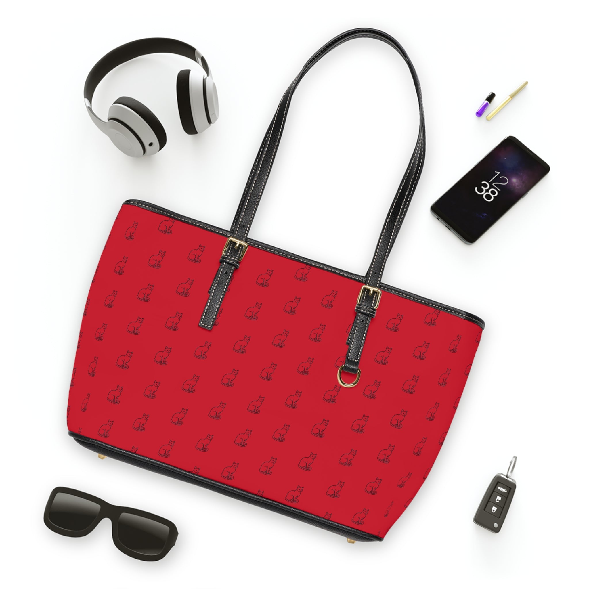 Cat Silhouette Pattern PU Leather Shoulder Bag | Red Tote, Repeating Cat Design