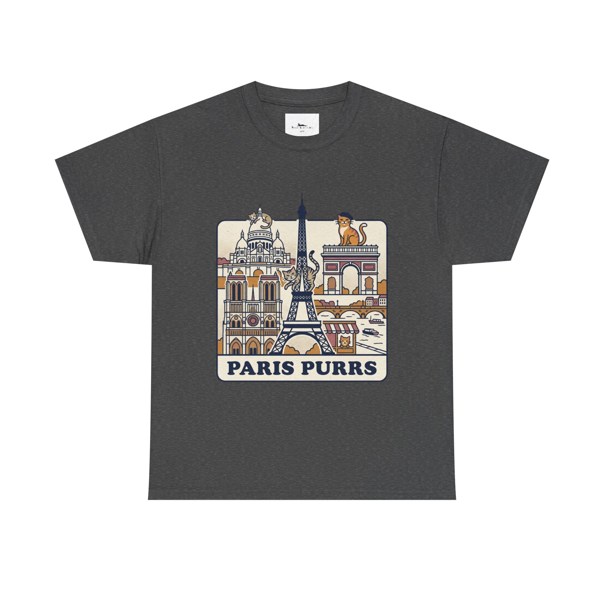 Gray t-shirt with 'Paris Purrs' graphic design featuring the Eiffel Tower and cats on a white background.