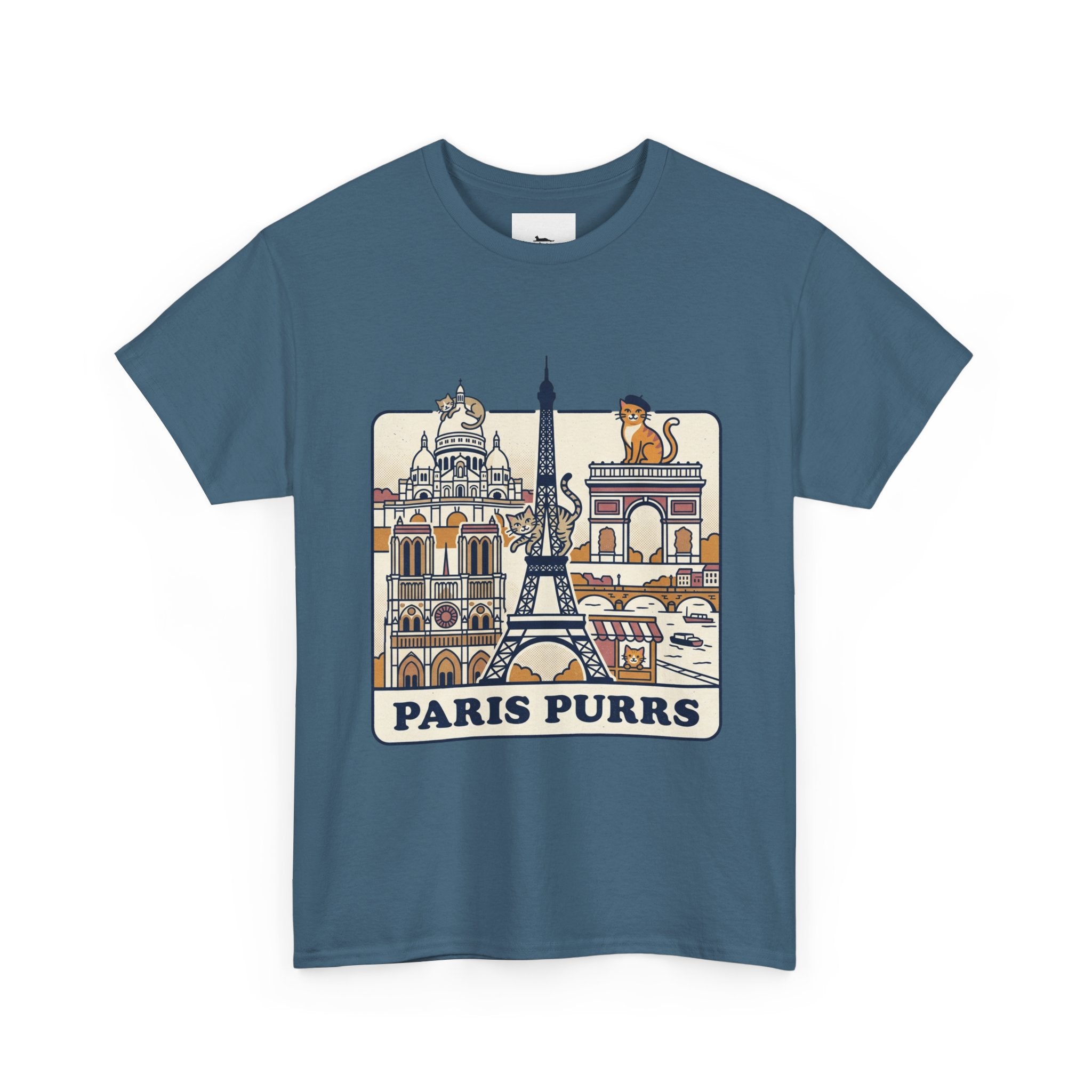 Blue t-shirt with Paris-themed graphic and 'Paris Purrs' text on a white background