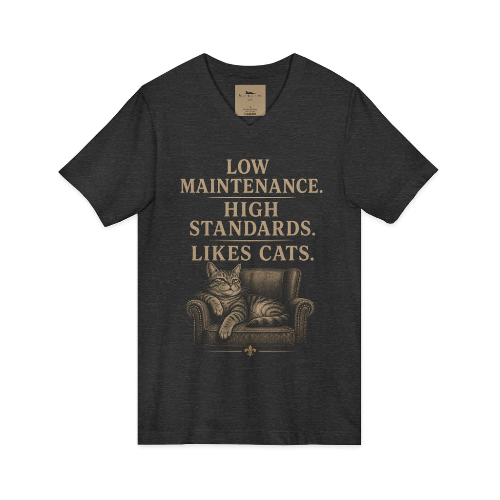 Cat Lover V-Neck Tee — "Low Maintenance. High Standards. Likes Cats."