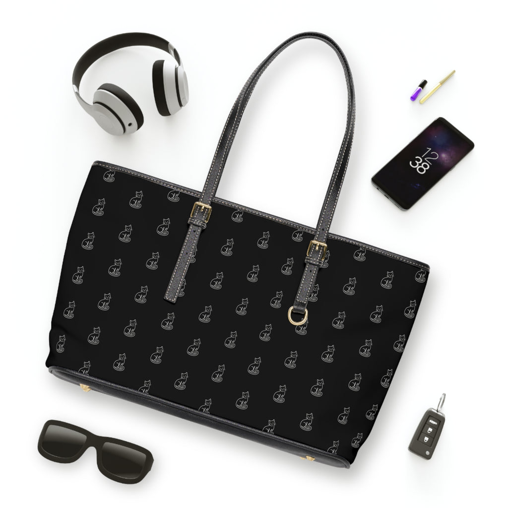 Cat Silhouette Pattern PU Leather Shoulder Bag | Black Tote, Repeating Cat Design